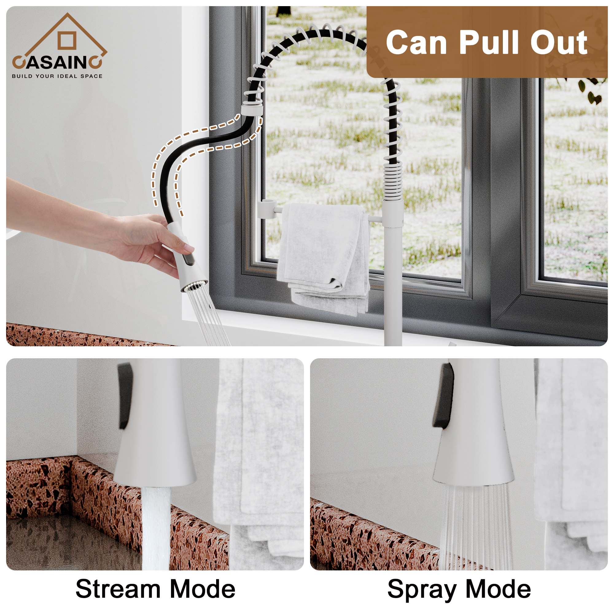 CASAINC 1.8GPM Modern Spring Pull Down Sprayer Kitchen Faucet with Dual-Function Spray Head and Deck Plate, in Brushed Nickel and More