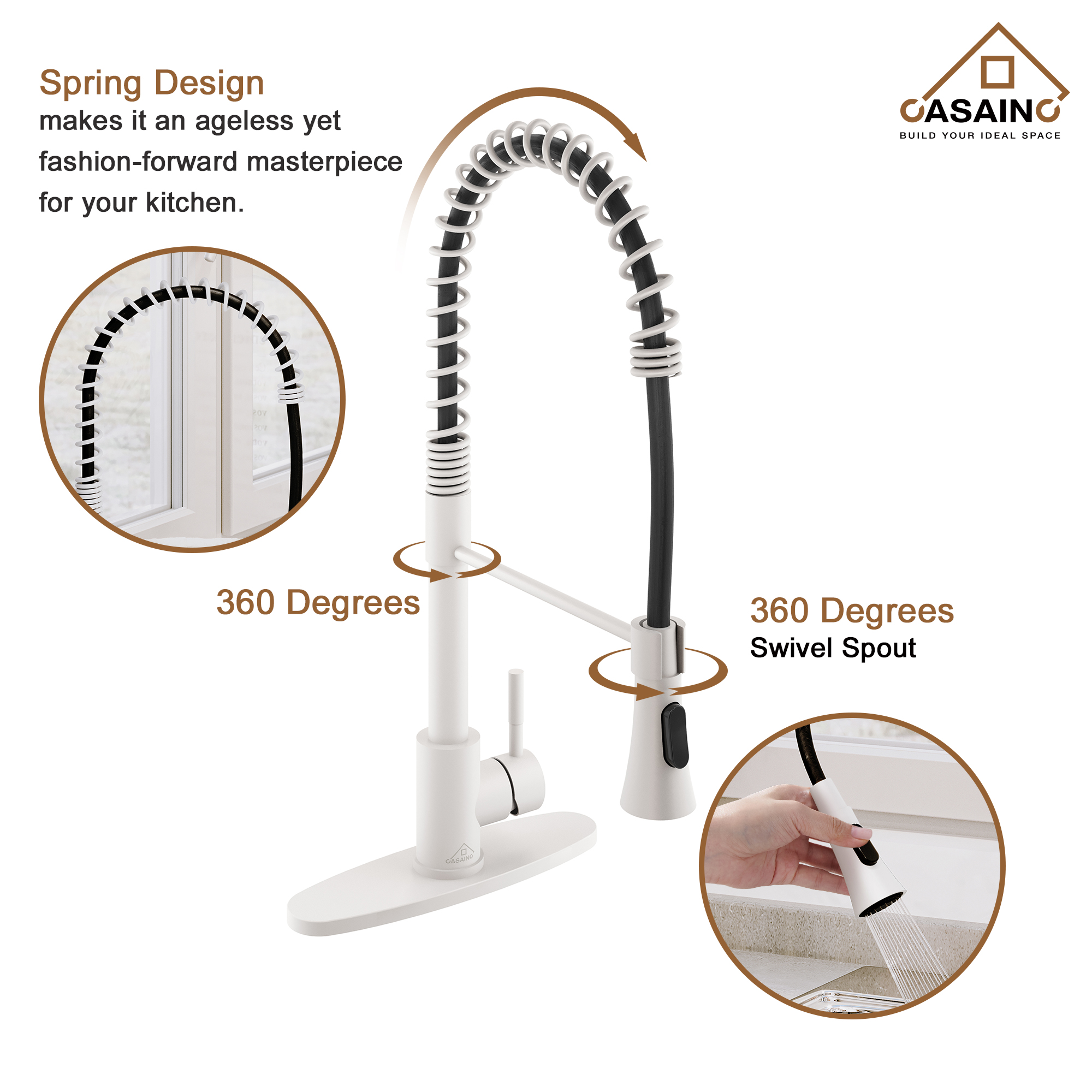 CASAINC 1.8GPM Spring Standard Kitchen Faucet with Dual-Function Spray Head and Deck Plate, in Matte Black and More