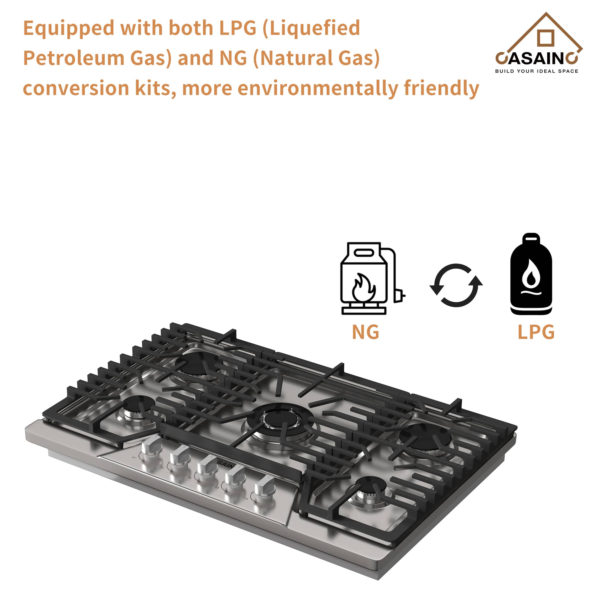 Built-in 30 in. Gas Cooktop in Stainless Steel with 5 Burners including Power Burners and LP Kit, CSA Certified