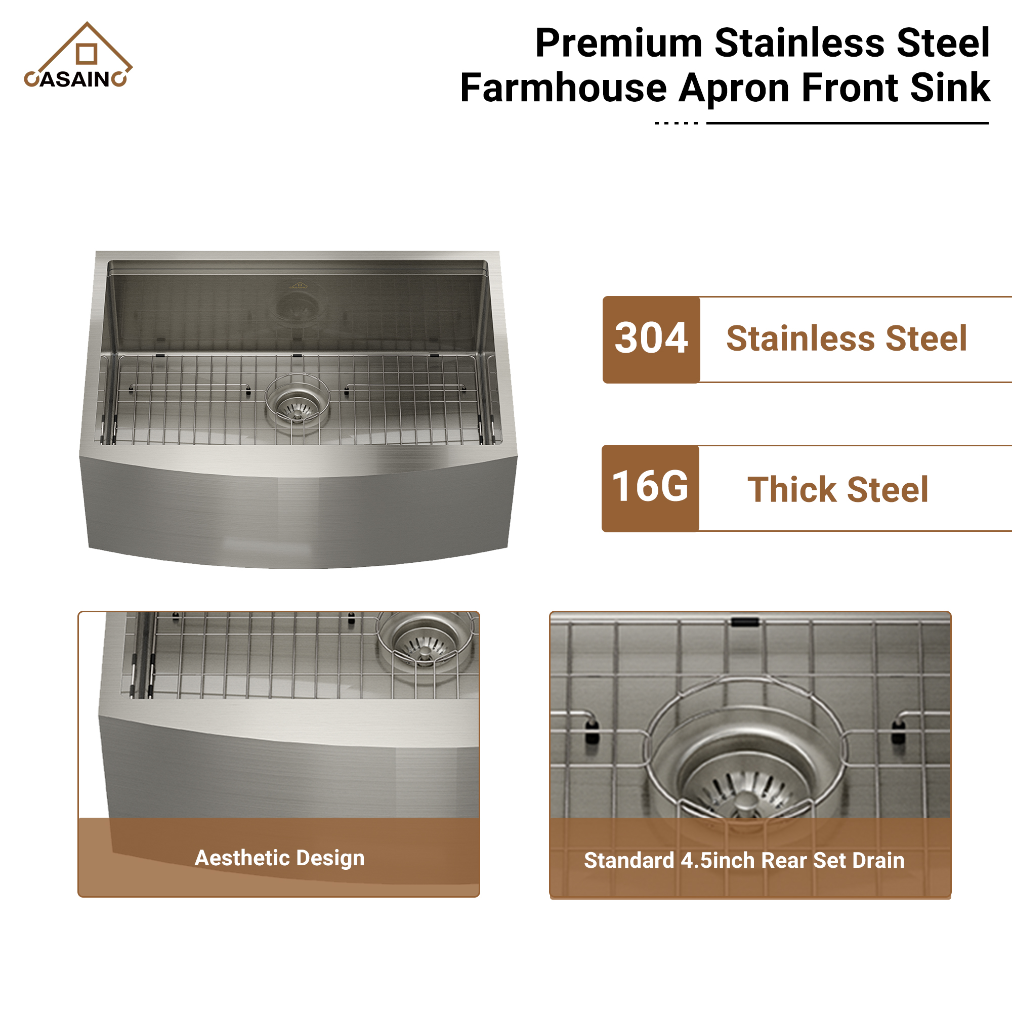 Farmhouse Stainless Steel 30/33/36 inch Single Bowl Kitchen Sink in Brushed