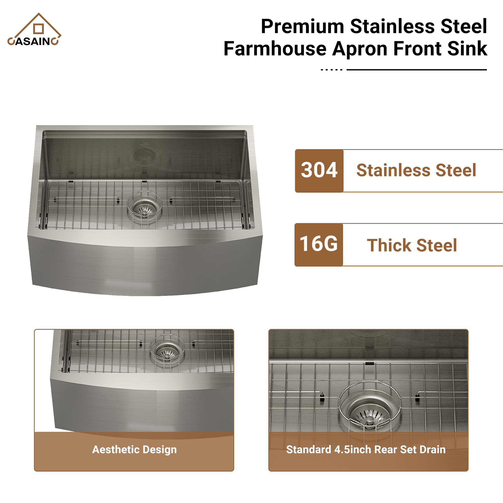 Farmhouse Stainless Steel 30/33/36 inch Single Bowl Kitchen Sink in Brushed