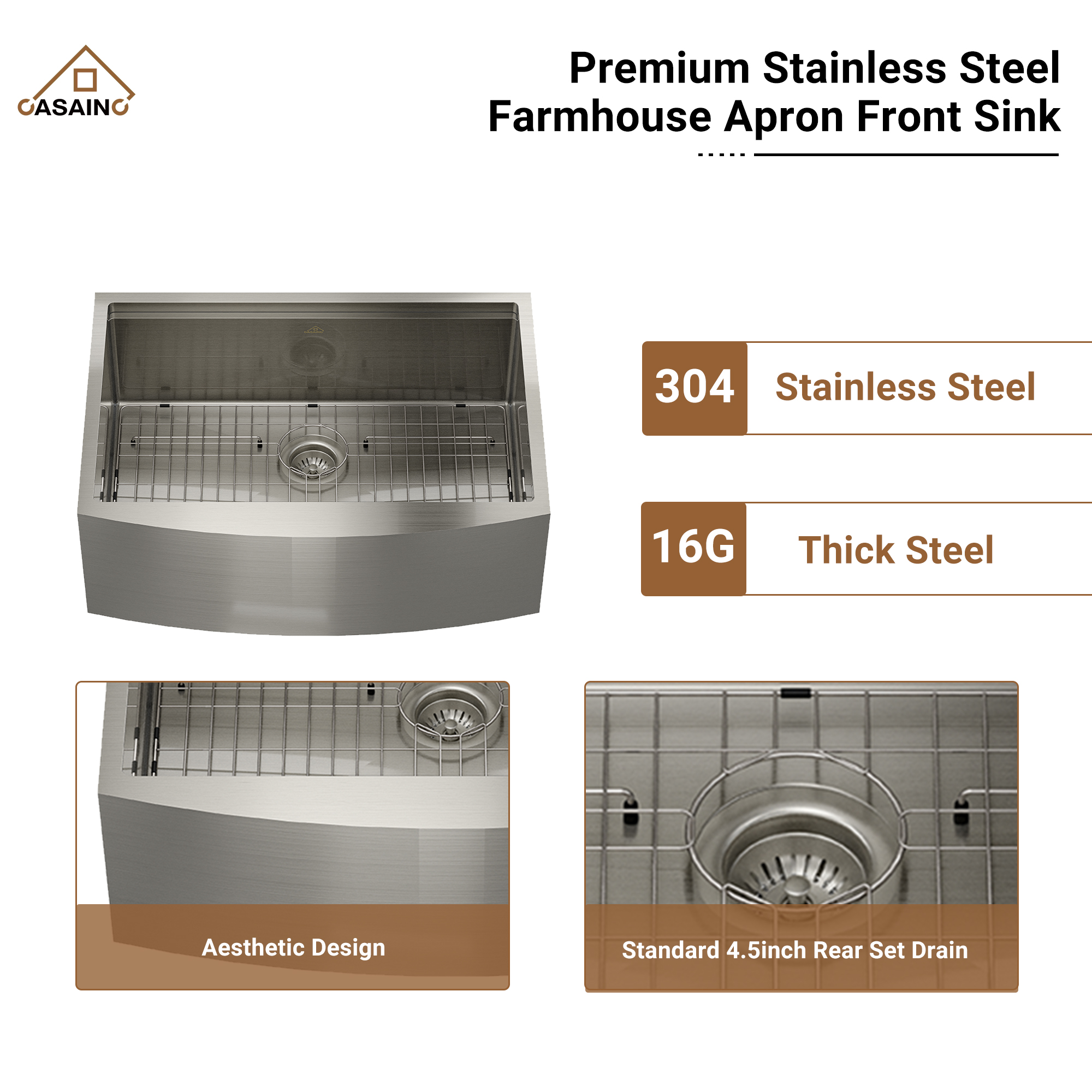 Farmhouse Stainless Steel 30/33/36 inch Single Bowl Kitchen Sink in Brushed