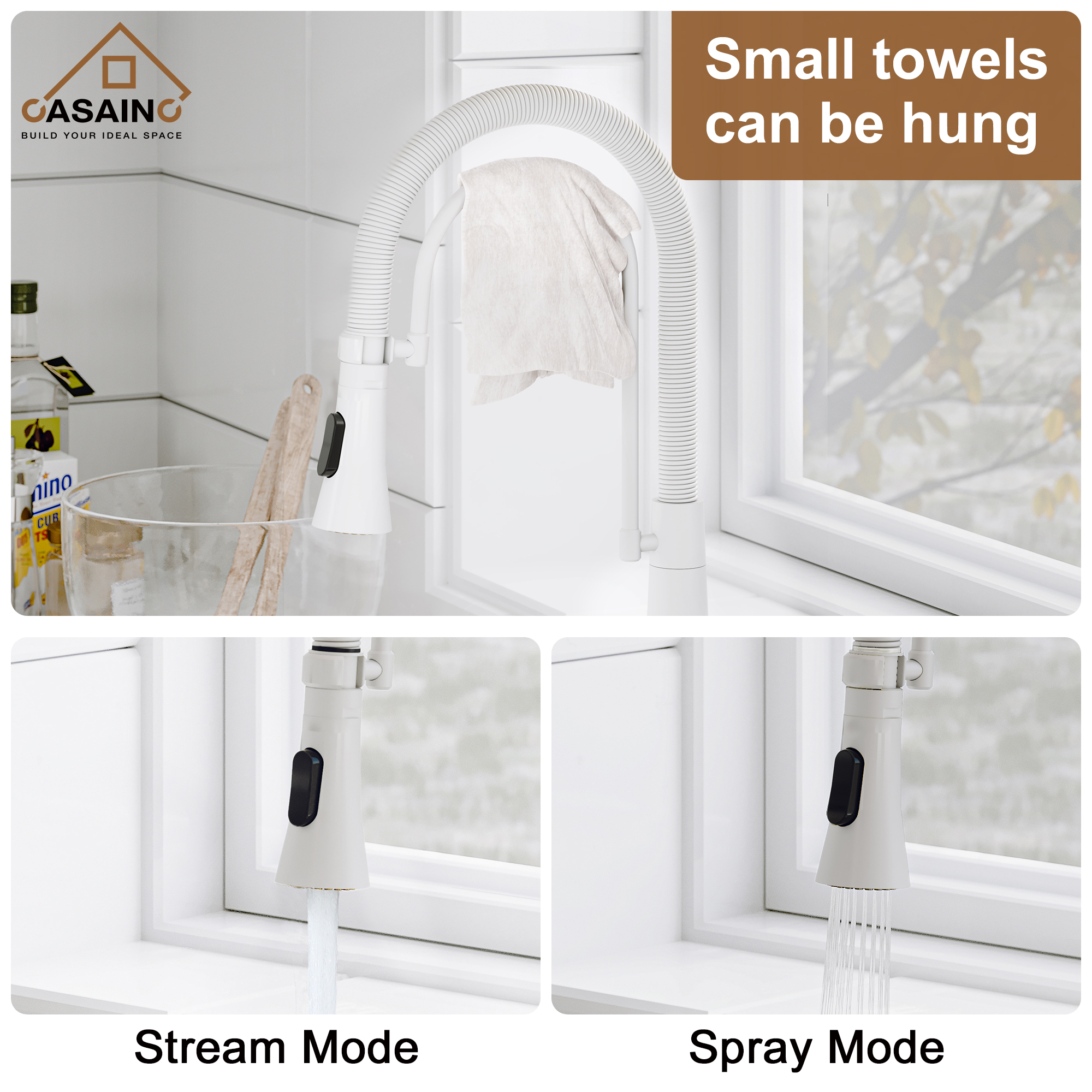 CASAINC 1.8GPM Single-Handle Spring Neck Standard Kitchen Faucet with Dual-Function Spray Head and Deck Plate in Brushed Nickel/Gold and Black