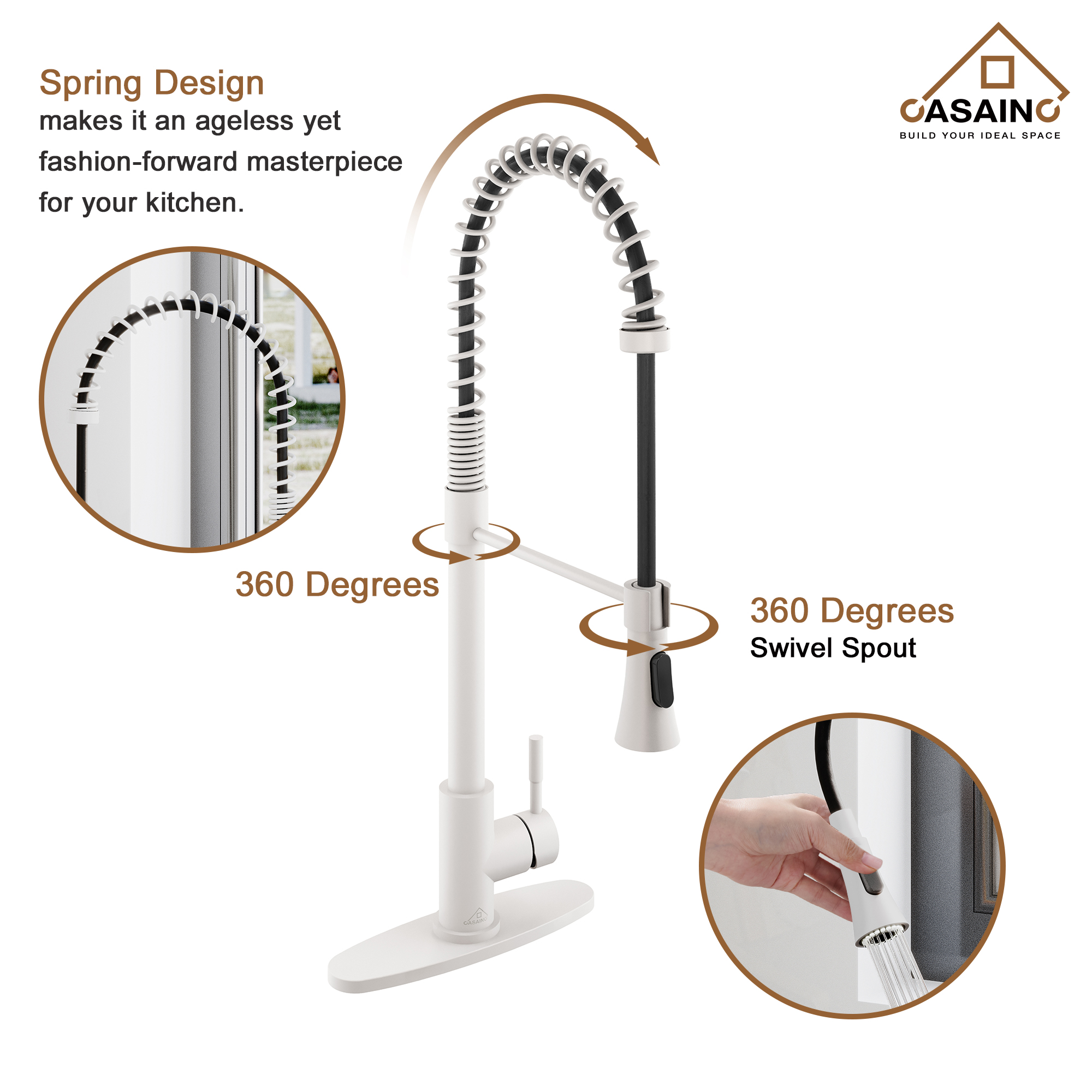 CASAINC 1.8GPM Modern Spring Pull Down Sprayer Kitchen Faucet with Dual-Function Spray Head and Deck Plate, in Brushed Nickel and More