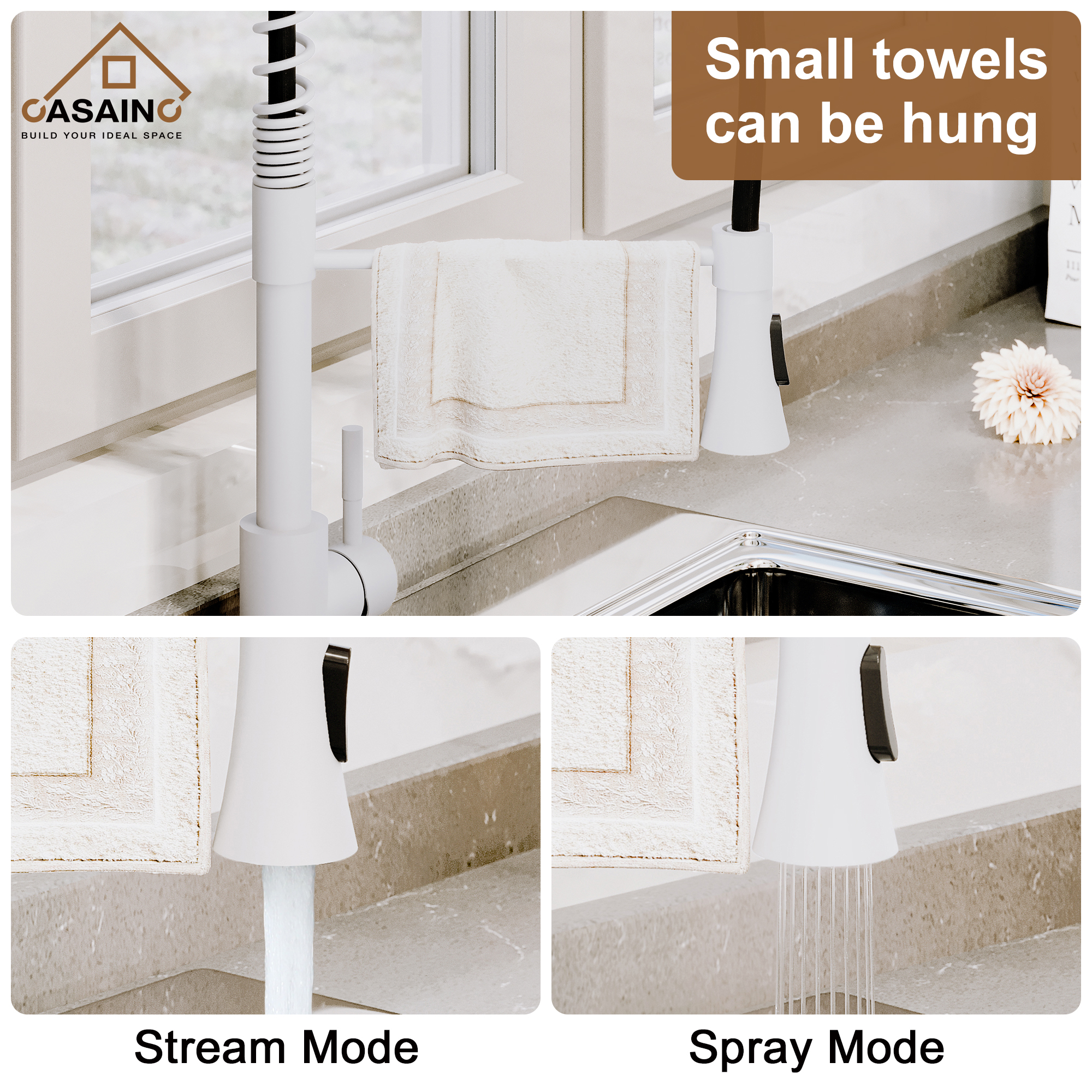 CASAINC 1.8GPM Spring Standard Kitchen Faucet with Dual-Function Spray Head and Deck Plate, in Matte Black and More