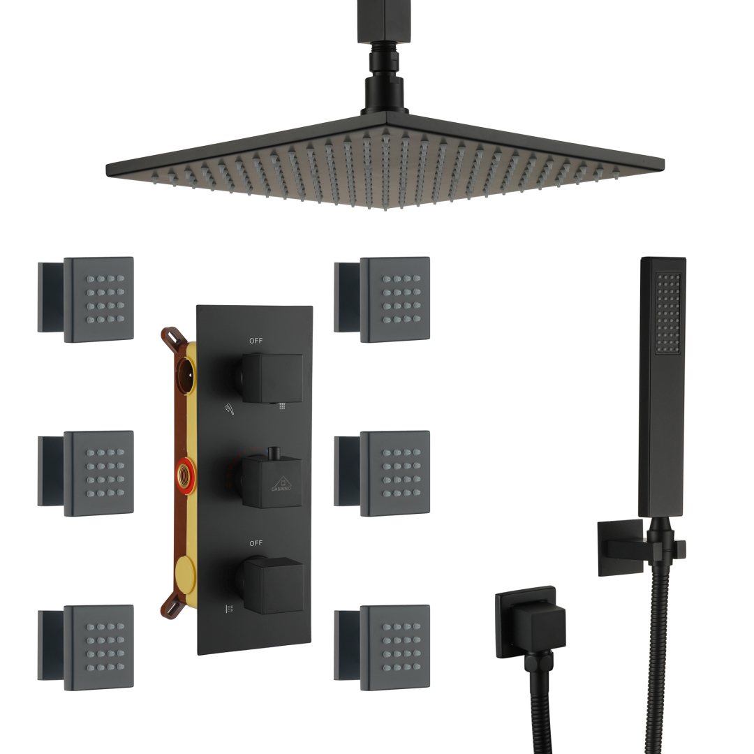 12" Ceiling Mount Luxury Rain Shower System with LED Light & Body Jets