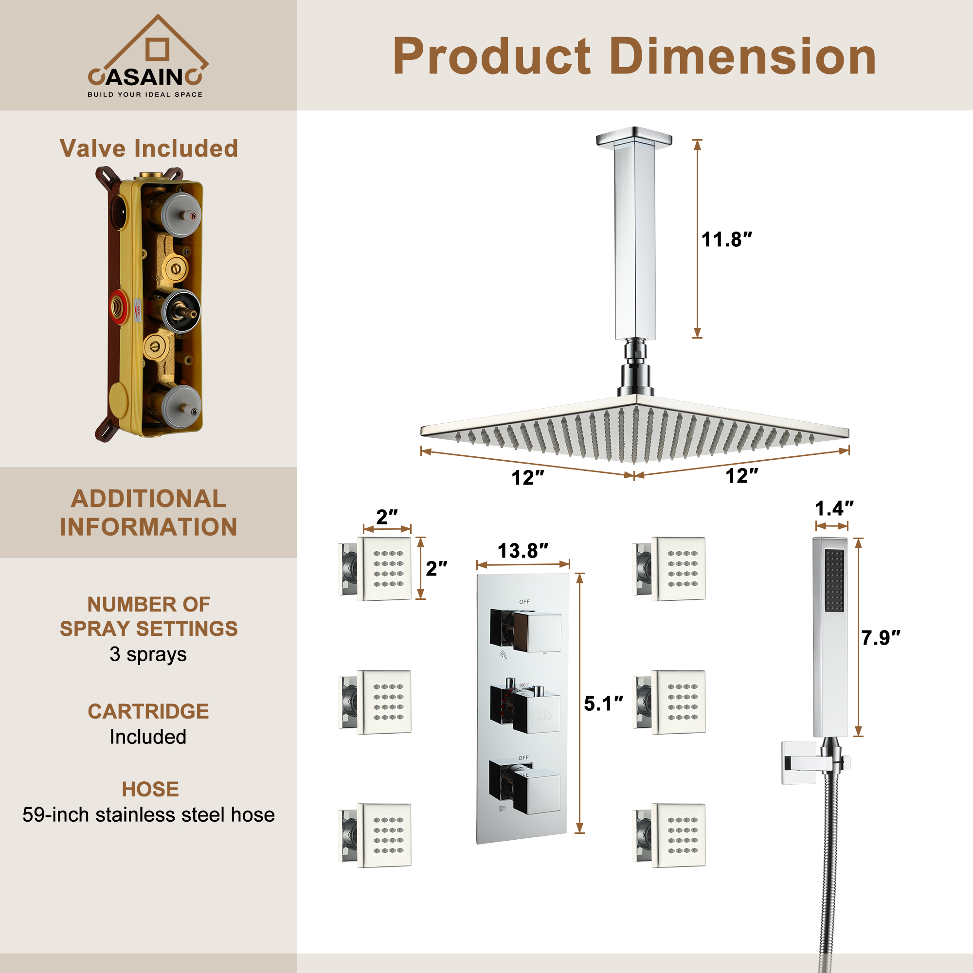 Luxury Celling Mount 12 Inch LED Light Shower Head 3 Function Thermostatic Shower System with 6 Body Jets