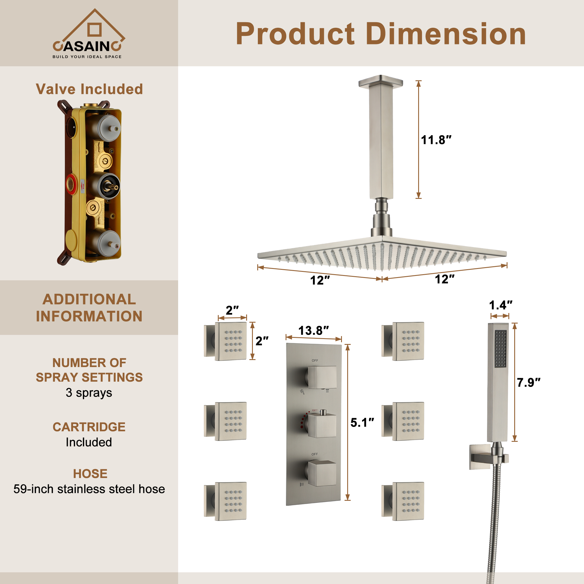 Luxury Celling Mount 12 Inch LED Light Shower Head 3 Function Thermostatic Shower System with 6 Body Jets