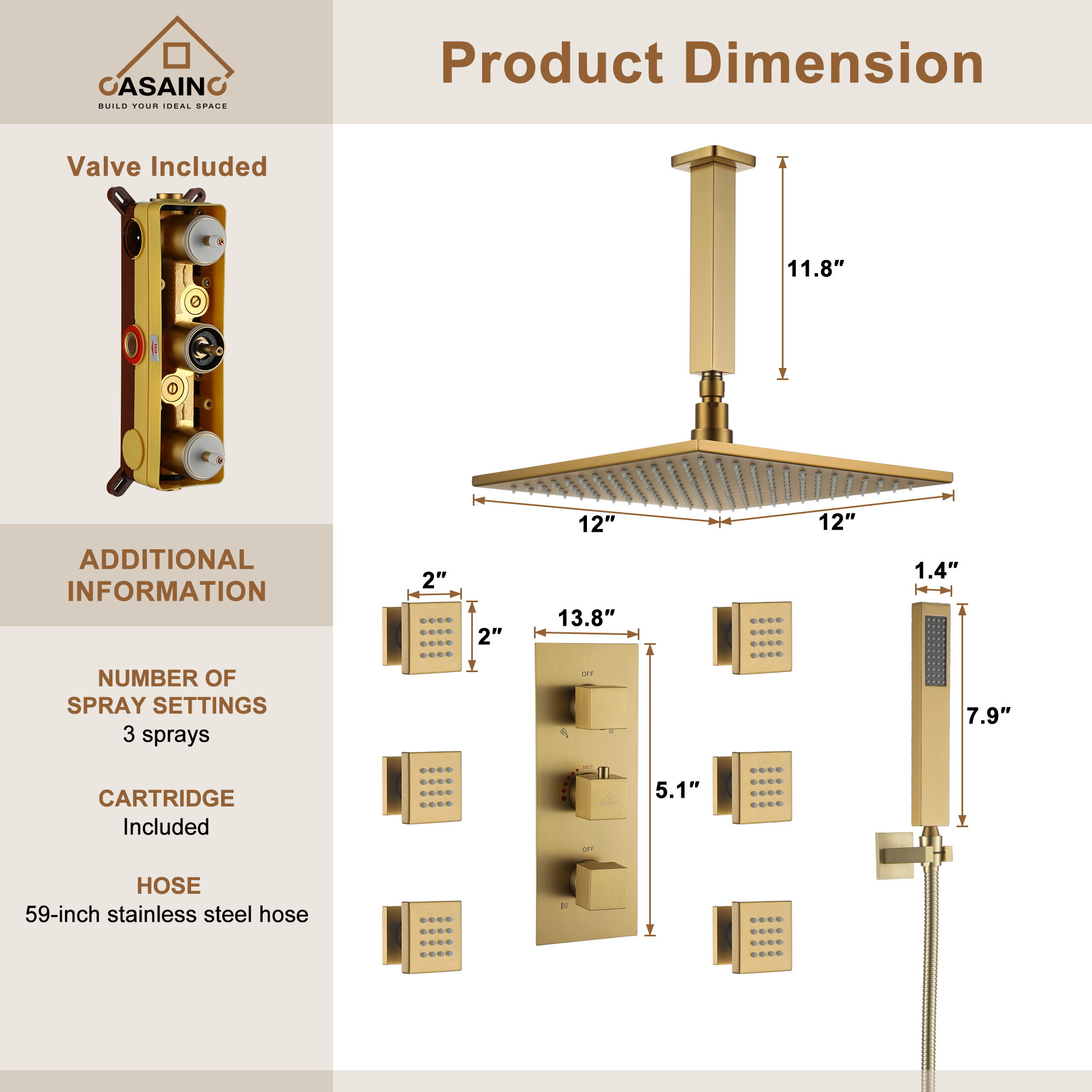 Luxury Celling Mount 12 Inch LED Light Shower Head 3 Function Thermostatic Shower System with 6 Body Jets