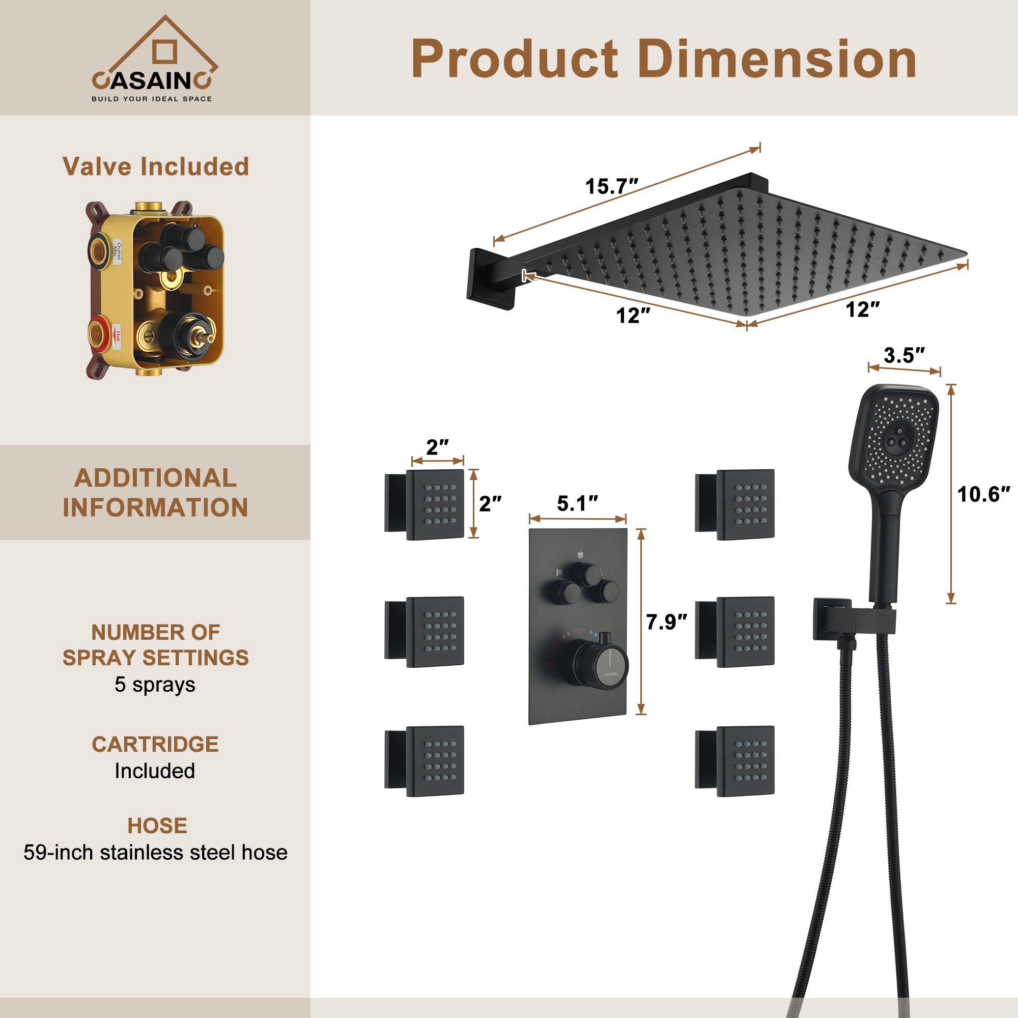 Wall Mount 12 Inch Rainfall Shower Head 3 Function Thermostatic Shower System  with 6 Body Jets