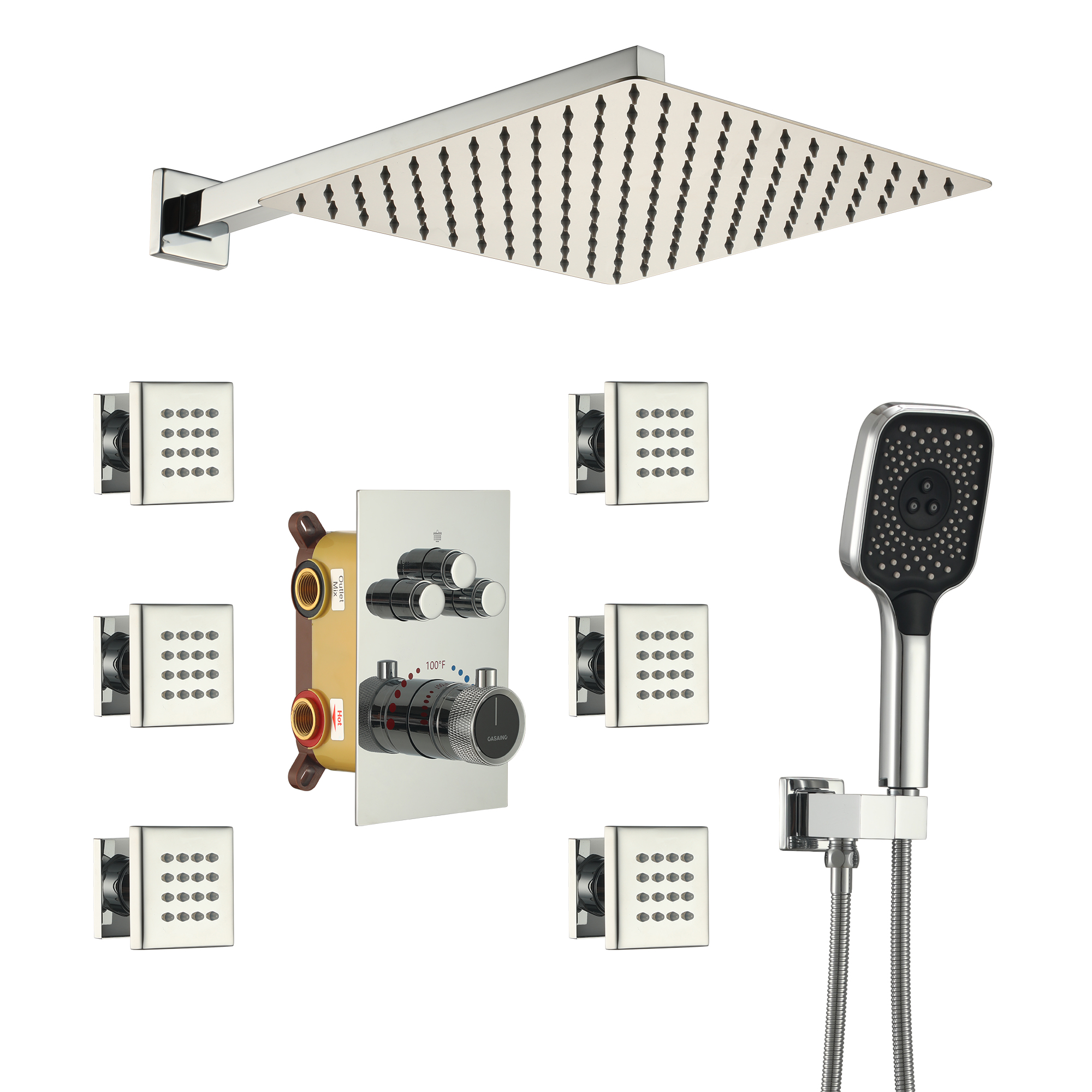 Stainless Steel Wall Mount 12 Inch Rainfall Shower Head Thermostatic Shower Systems with 6 Body Jets and Hand Showers, silver tones shower head