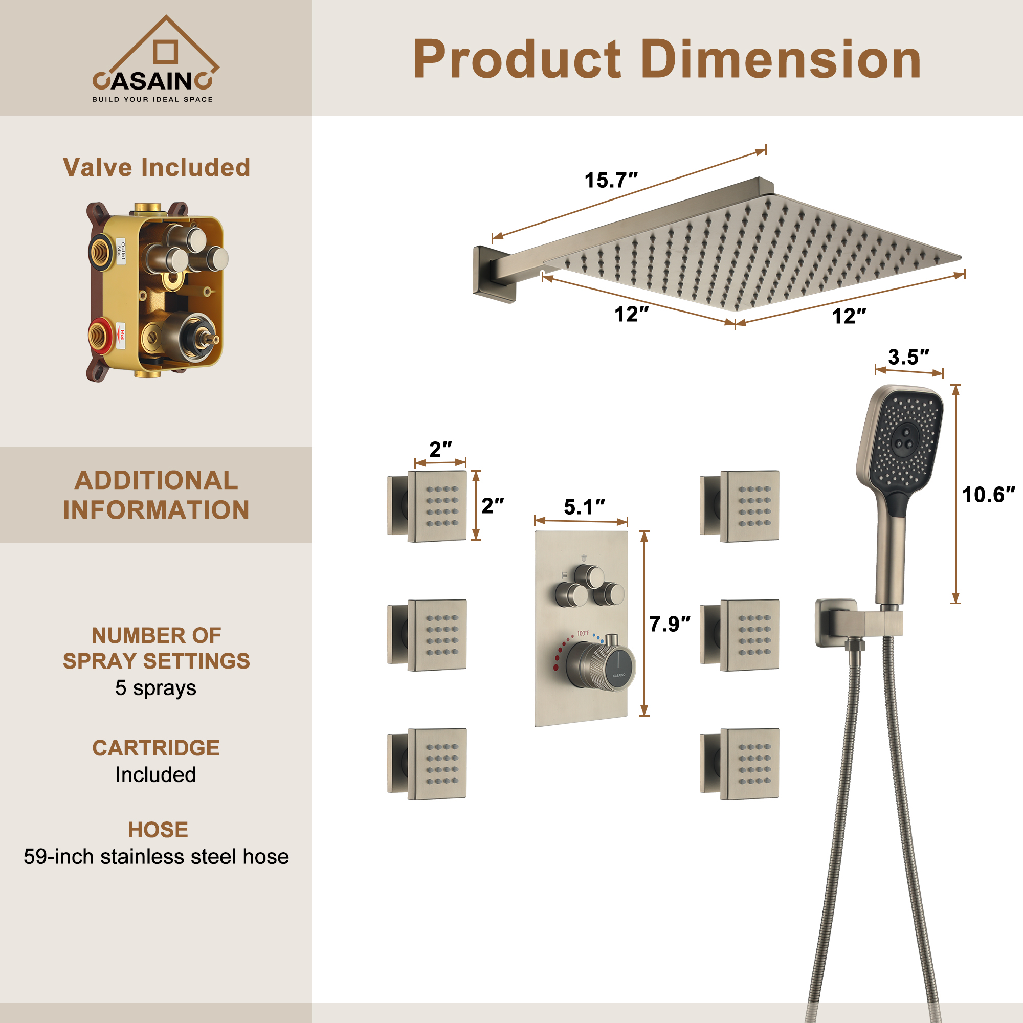 Wall Mount 12 Inch Rainfall Shower Head 3 Function Thermostatic Shower System  with 6 Body Jets