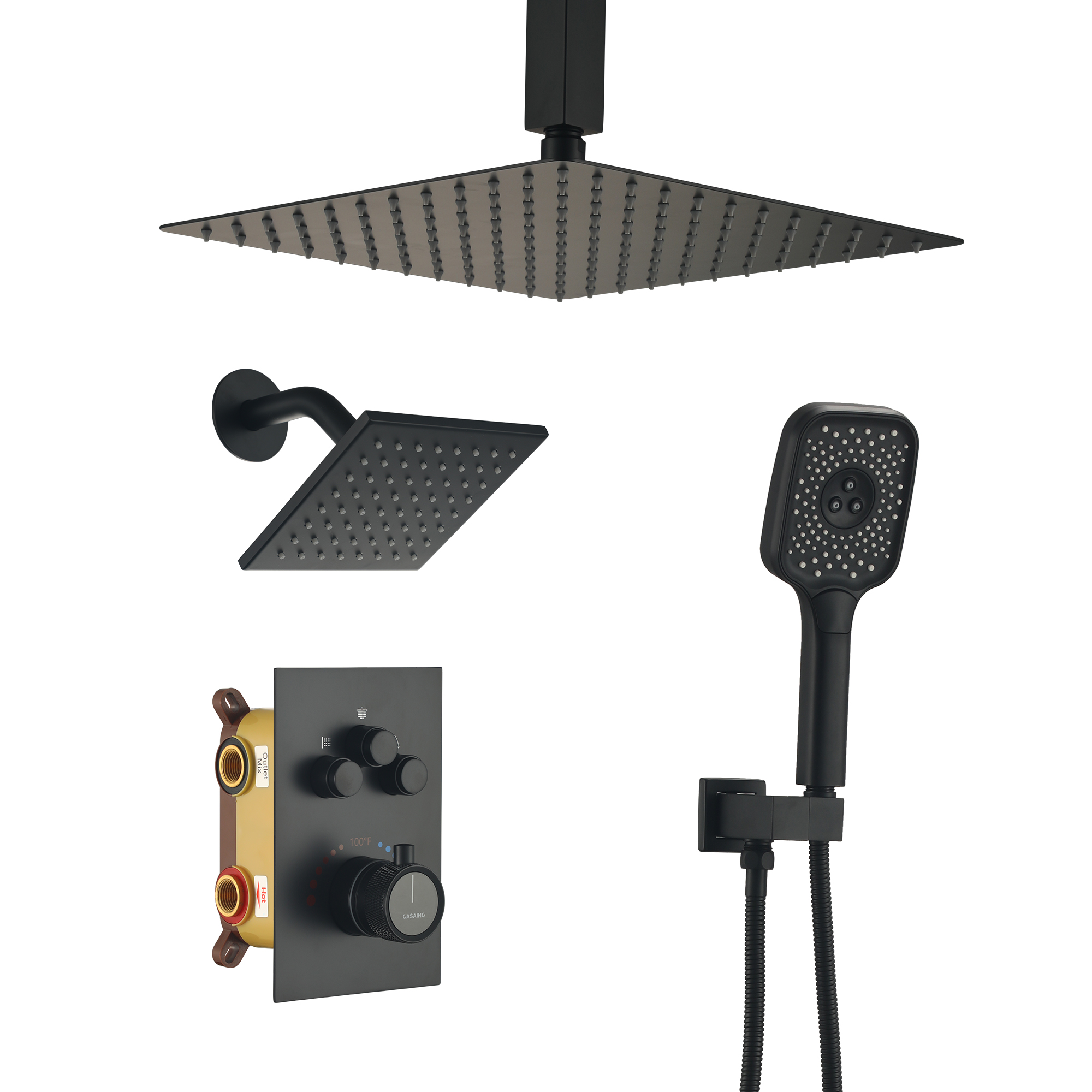 Celling Mount 12 Inch Rainfall Shower Head 3 Function Thermostatic Shower System  Wth Wall Mount 6 Inch Regular Shower Head
