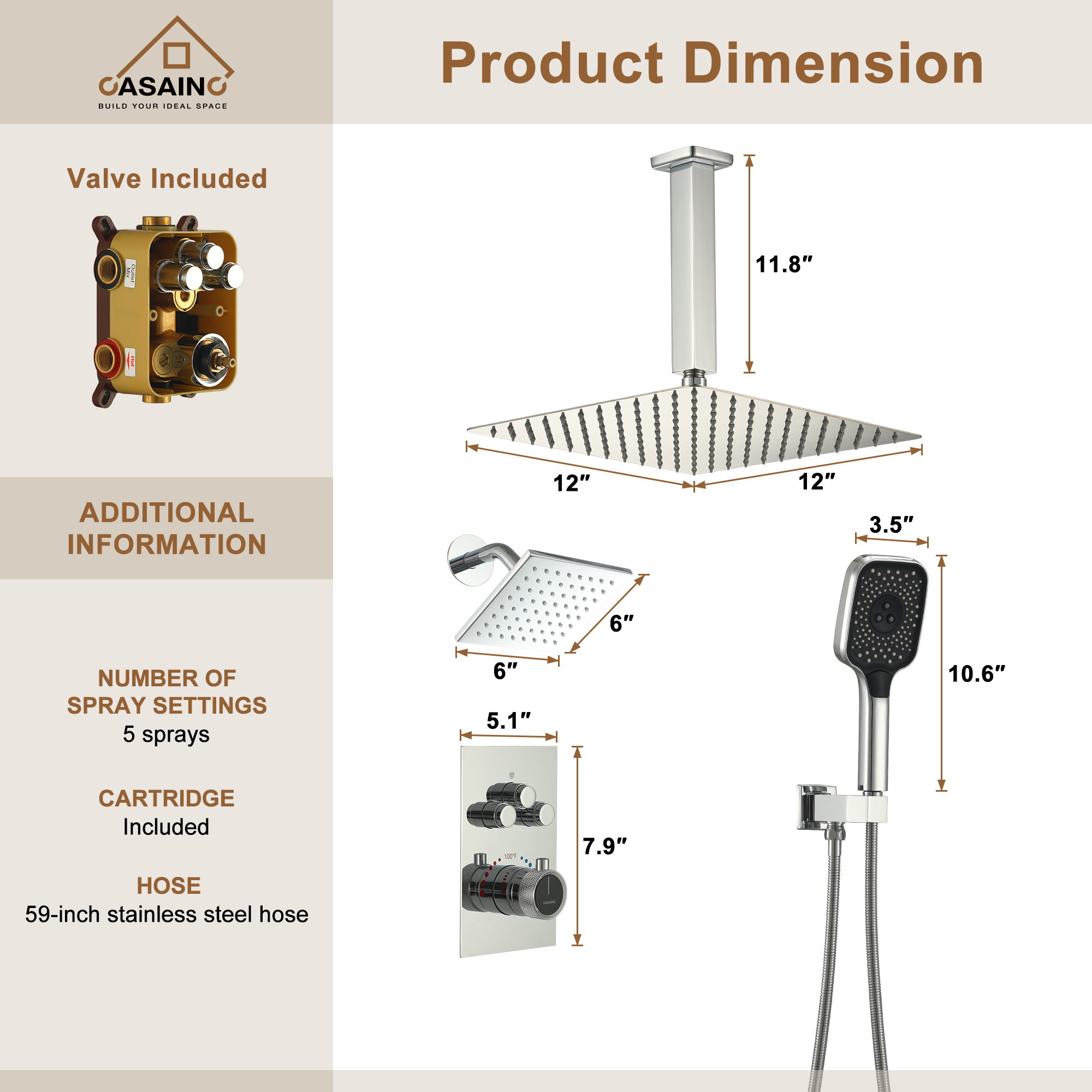 Celling Mount 12 Inch Rainfall Shower Head 3 Function Thermostatic Shower System  Wth Wall Mount 6 Inch Regular Shower Head