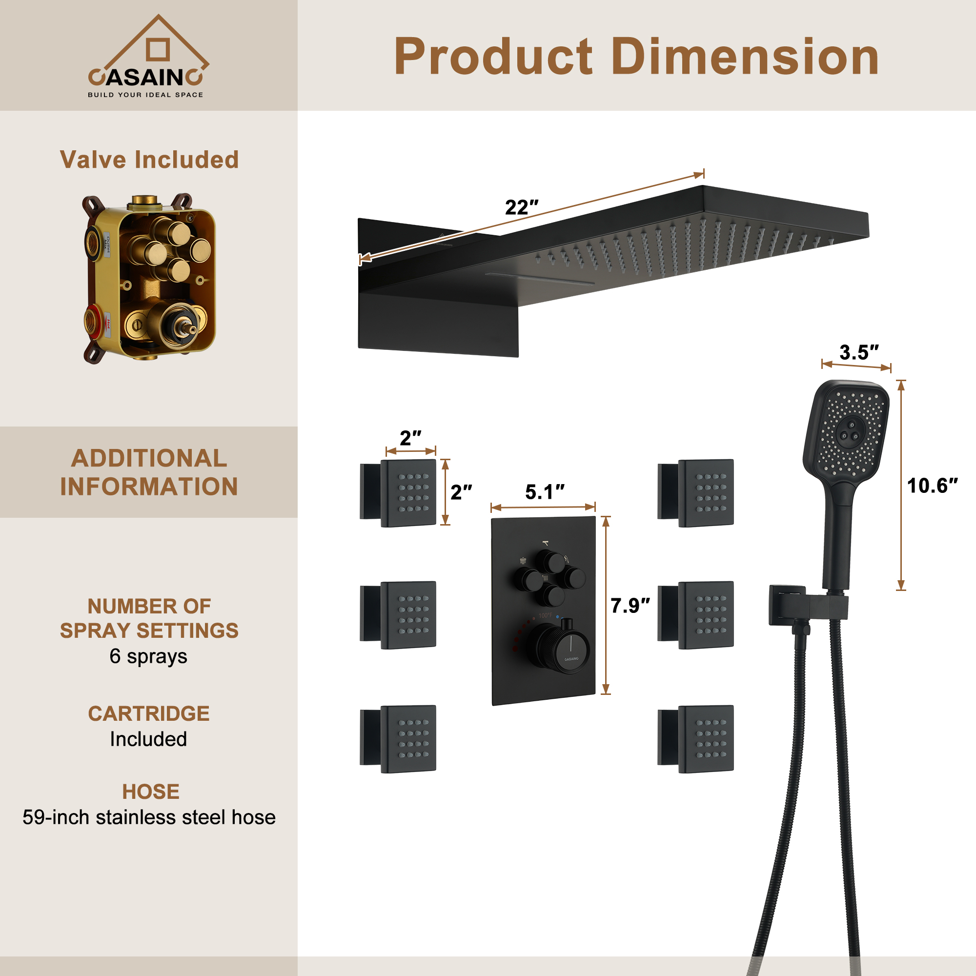 22 Wall Mounted Thermostatic Rain Shower Head System With 6 Body Jets