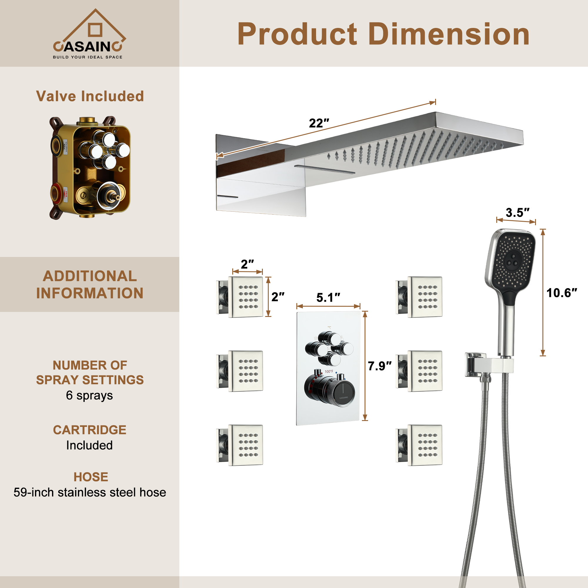 Wall Mounted 20 Inch Rectangular Dual-function Rainfall Shower Head 4 Function Thermostatic Shower System , With  6 Body Jets