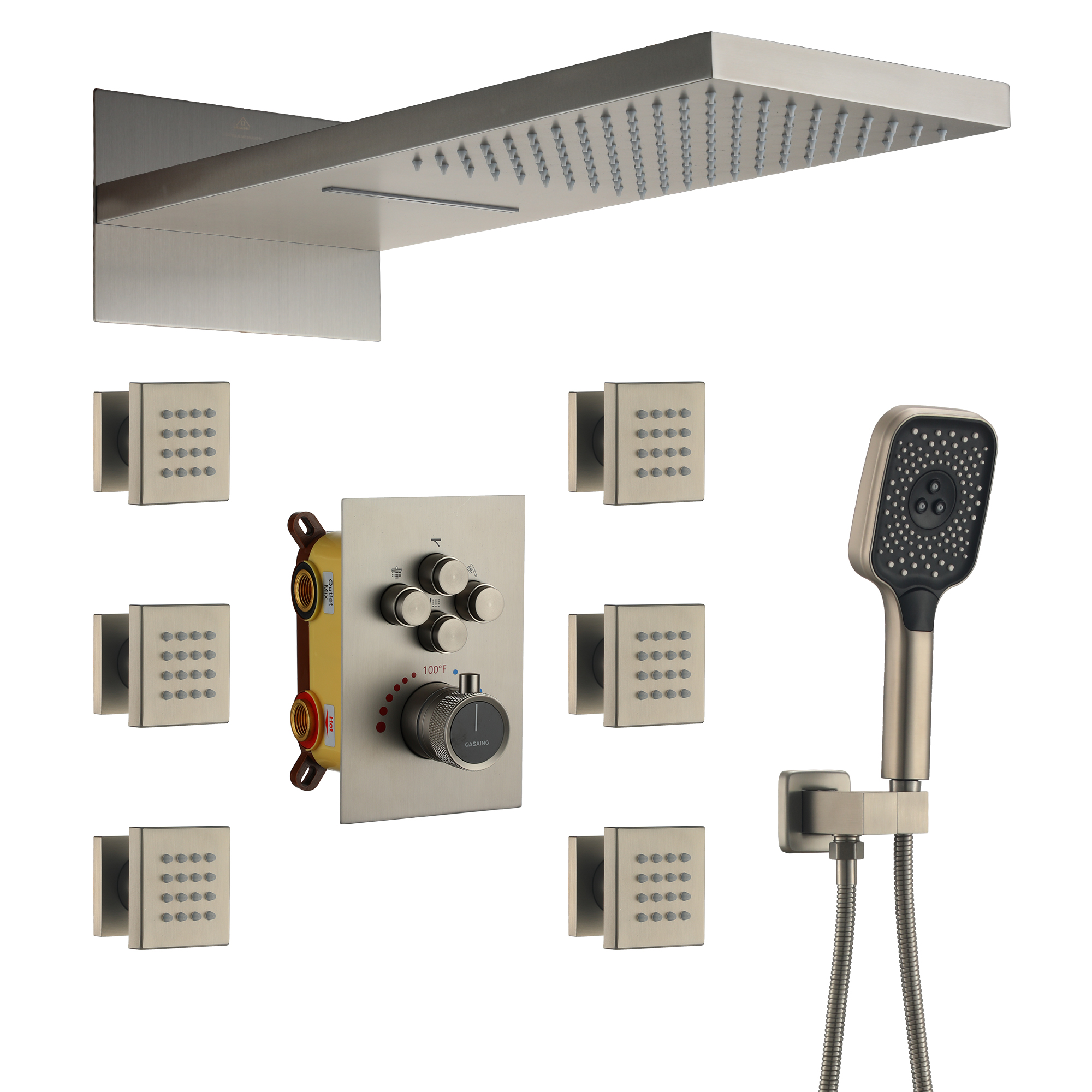 Wall Mount 20 Inch Rectangular Rainfall Shower Head 4 Function Thermostatic Shower System, With 6 Body Jets, brushed nickel luxurious shower systems with waterfall shower head
