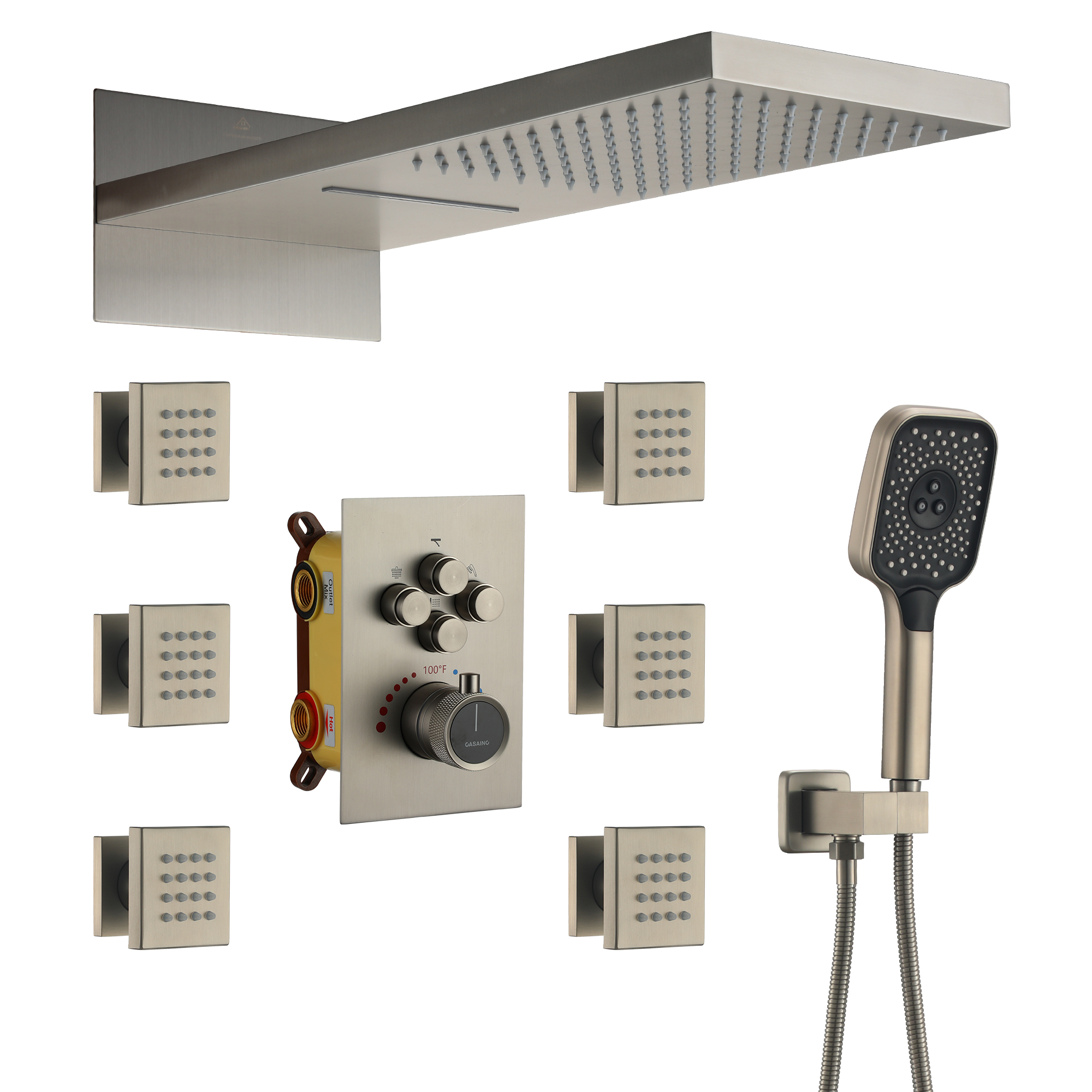 22 Wall Mounted Thermostatic Rain Shower Head System With 6 Body Jets
