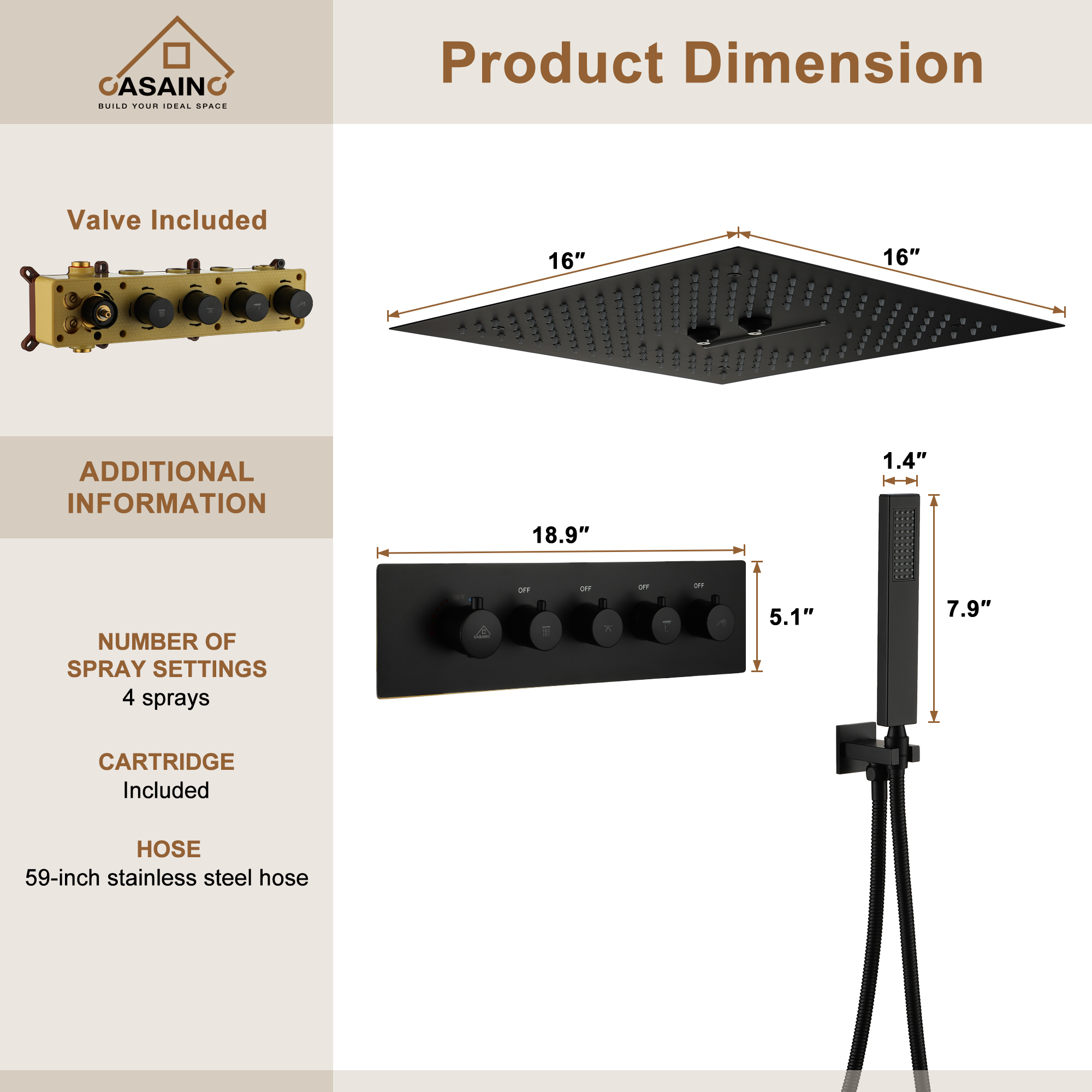 Luxury 4 Functions (Rainfall, Waterfall, Misty, Handheld) Shower System , 16 Inch Thermostatic Rain Shower Set with Multi-Function Remote Control 64 Color Lights
