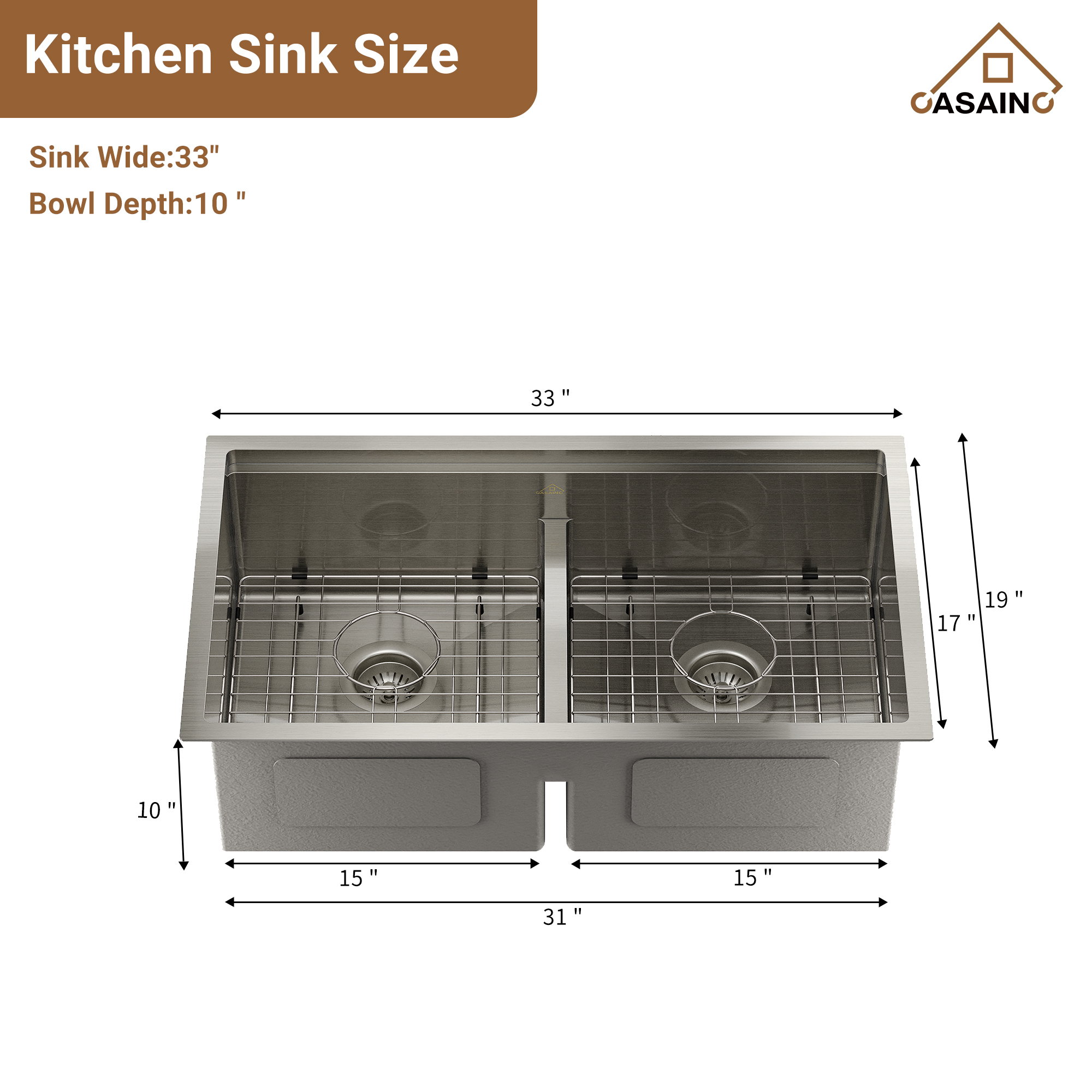 Casainc Undermount Stainless Steel 33-inch Double Bowl Kitchen Sink in Brushed