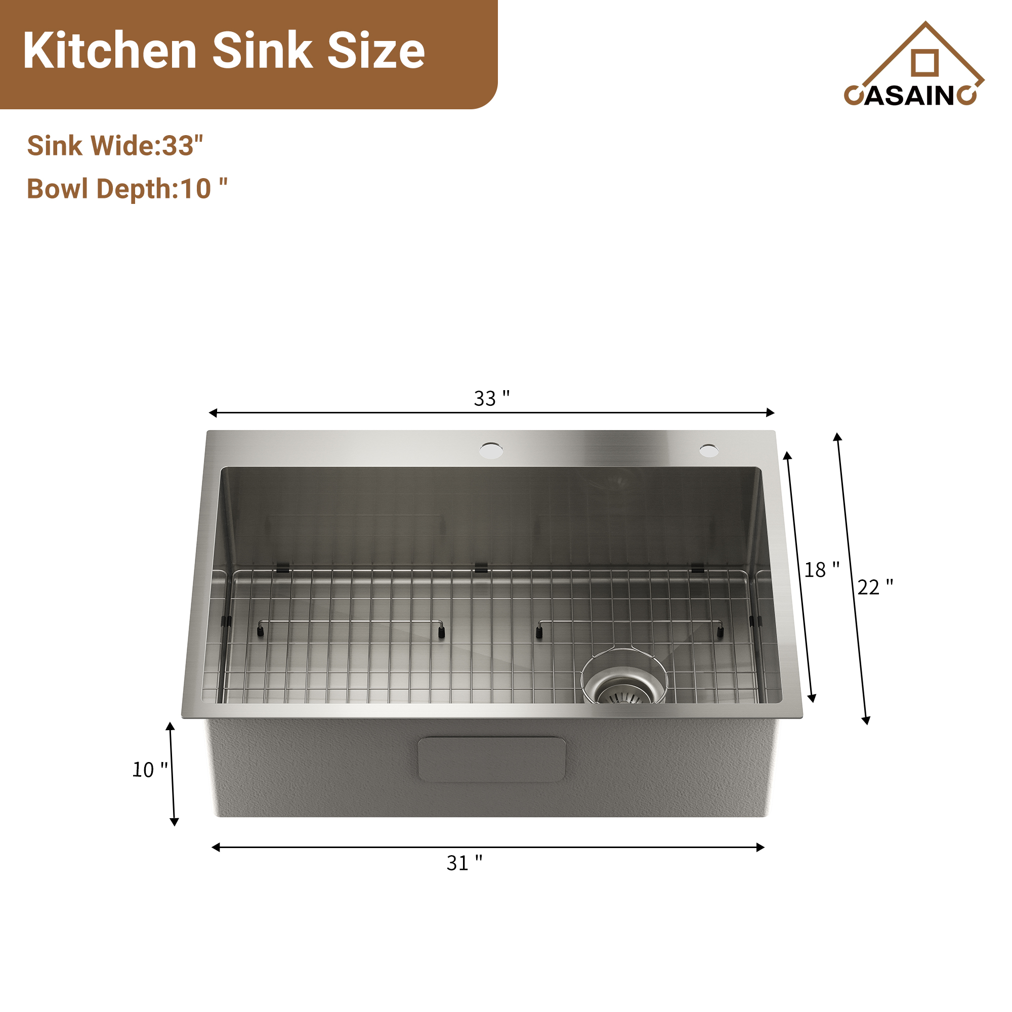 Drop-In Stainless Steel 33-inch 1-Hole Single Bowl Kitchen Sink in Brushed
