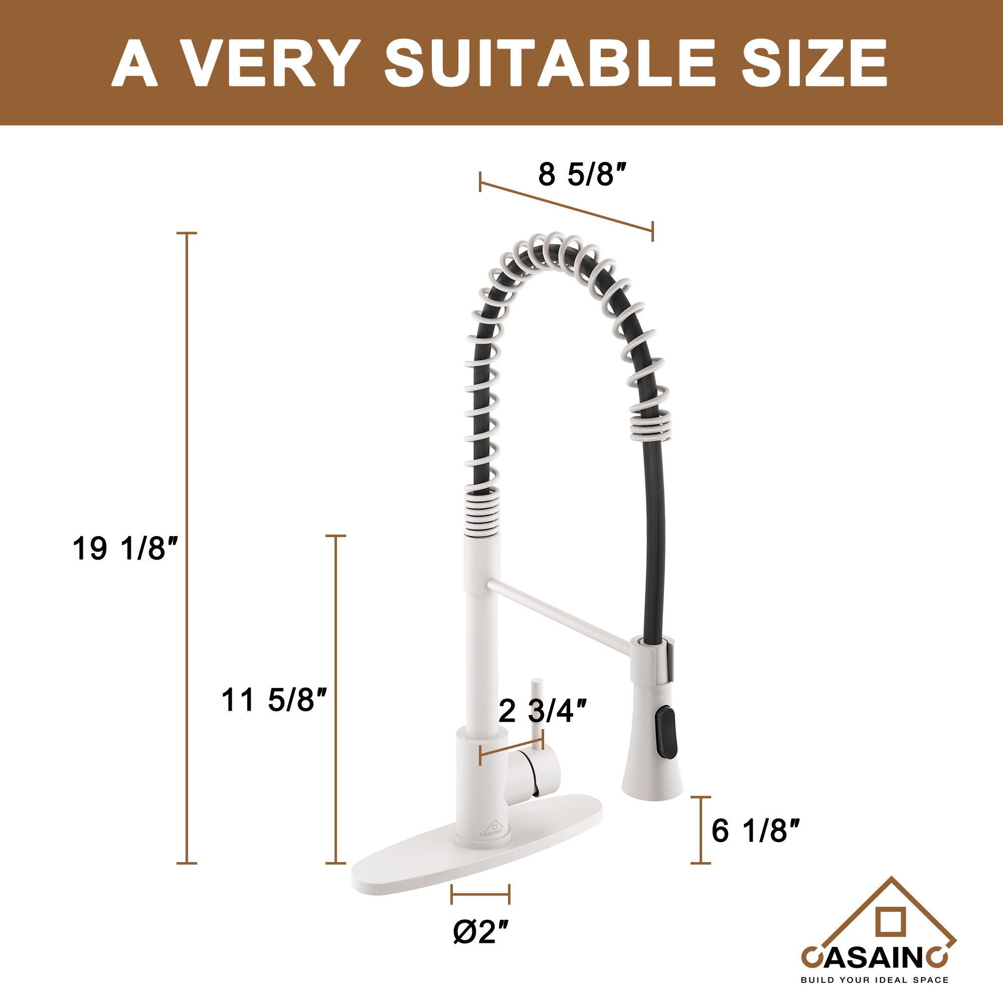 CASAINC 1.8GPM Spring Standard Kitchen Faucet with Dual-Function Spray Head and Deck Plate, in Matte Black and More