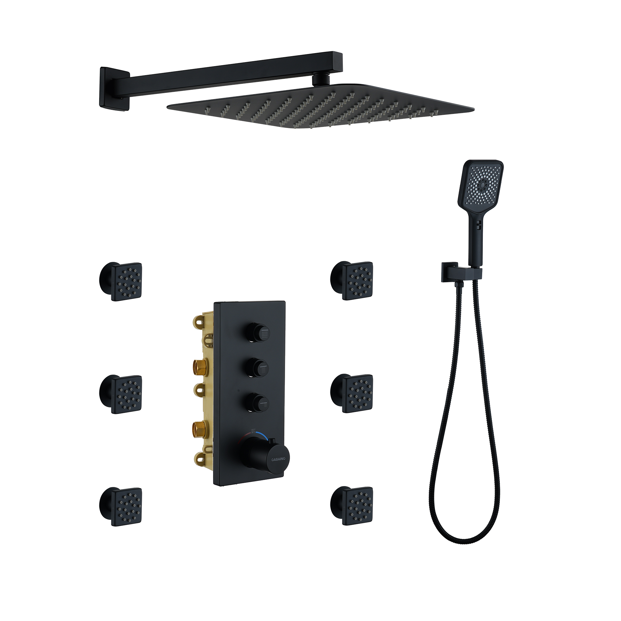 12 Inch Wall Mount Thermostatic Shower System with Body Sprays in Matte Black Finish, Rain Shower Head, water temperature control rain shower