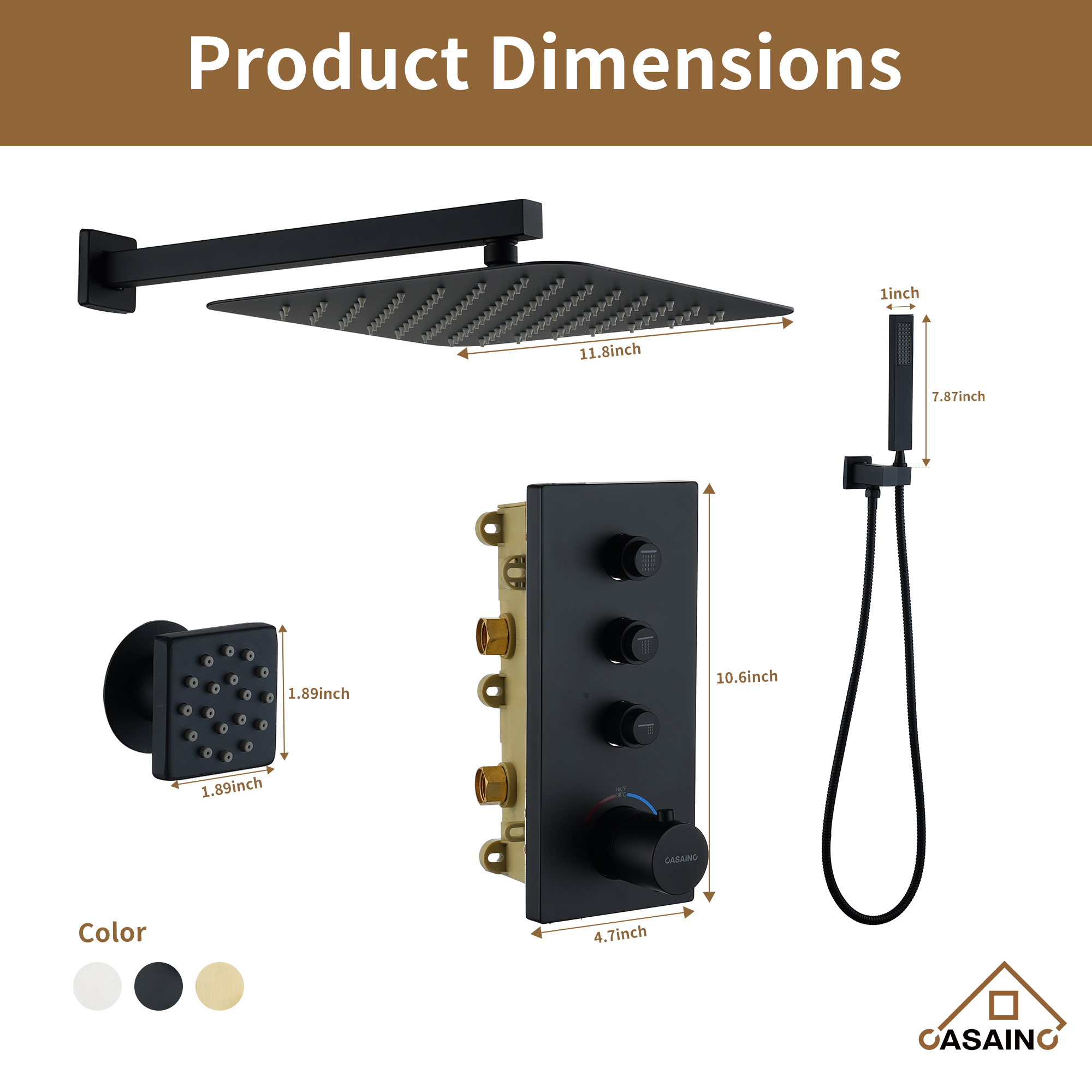 3 Functions 12 Inch Thermostatic Shower System