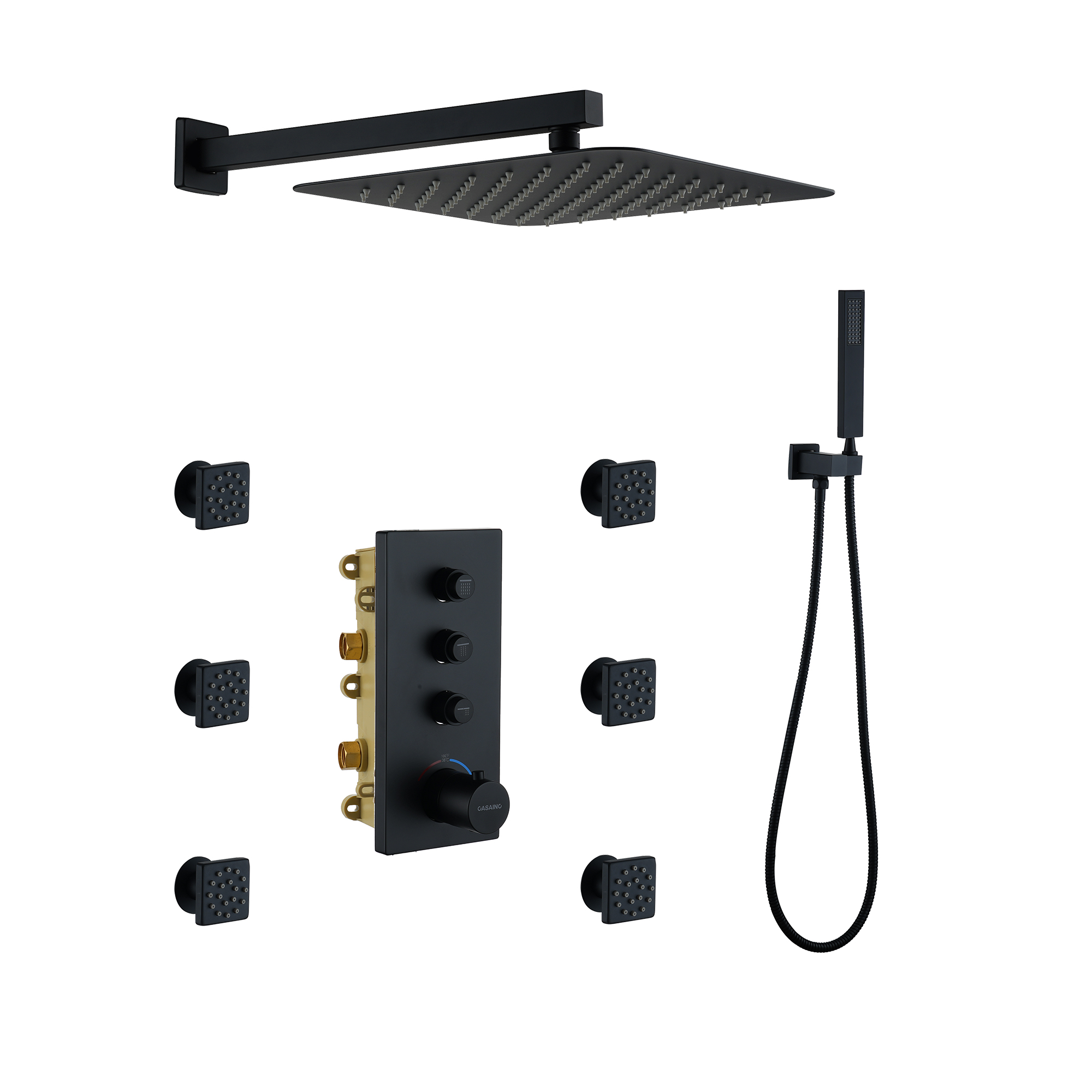 12 Inch Wall Mount Thermostatic Shower System with Body Sprays in Matte Black Finish, Rain Shower for Luxury Showering Experience