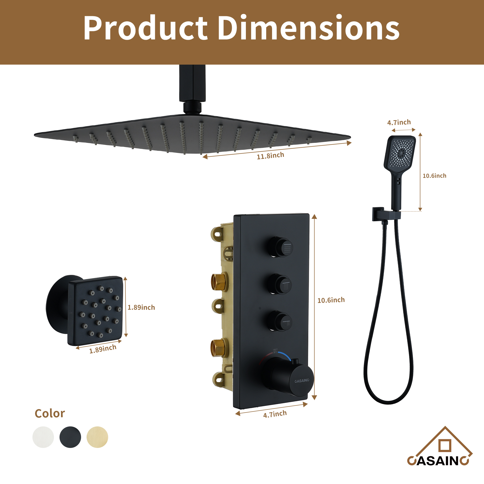 12'' Shower System With 3-Function Shower Head & 6 Body Jets