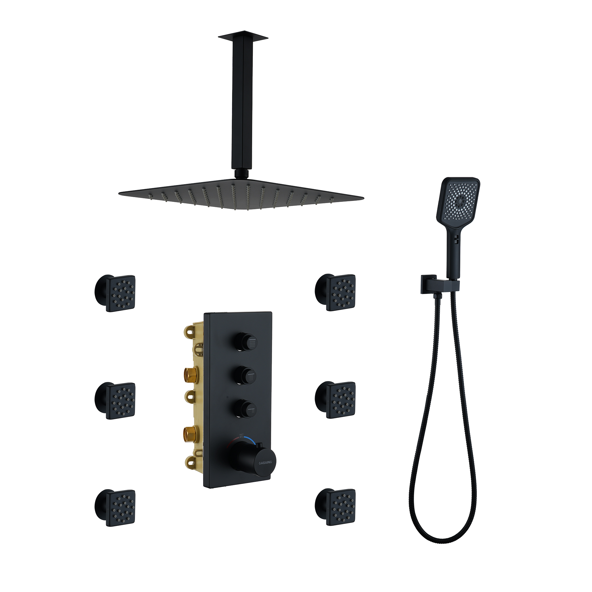 3 Functions 12 Inch Ceiling Mounted Thermostatic Shower System in Matte Black