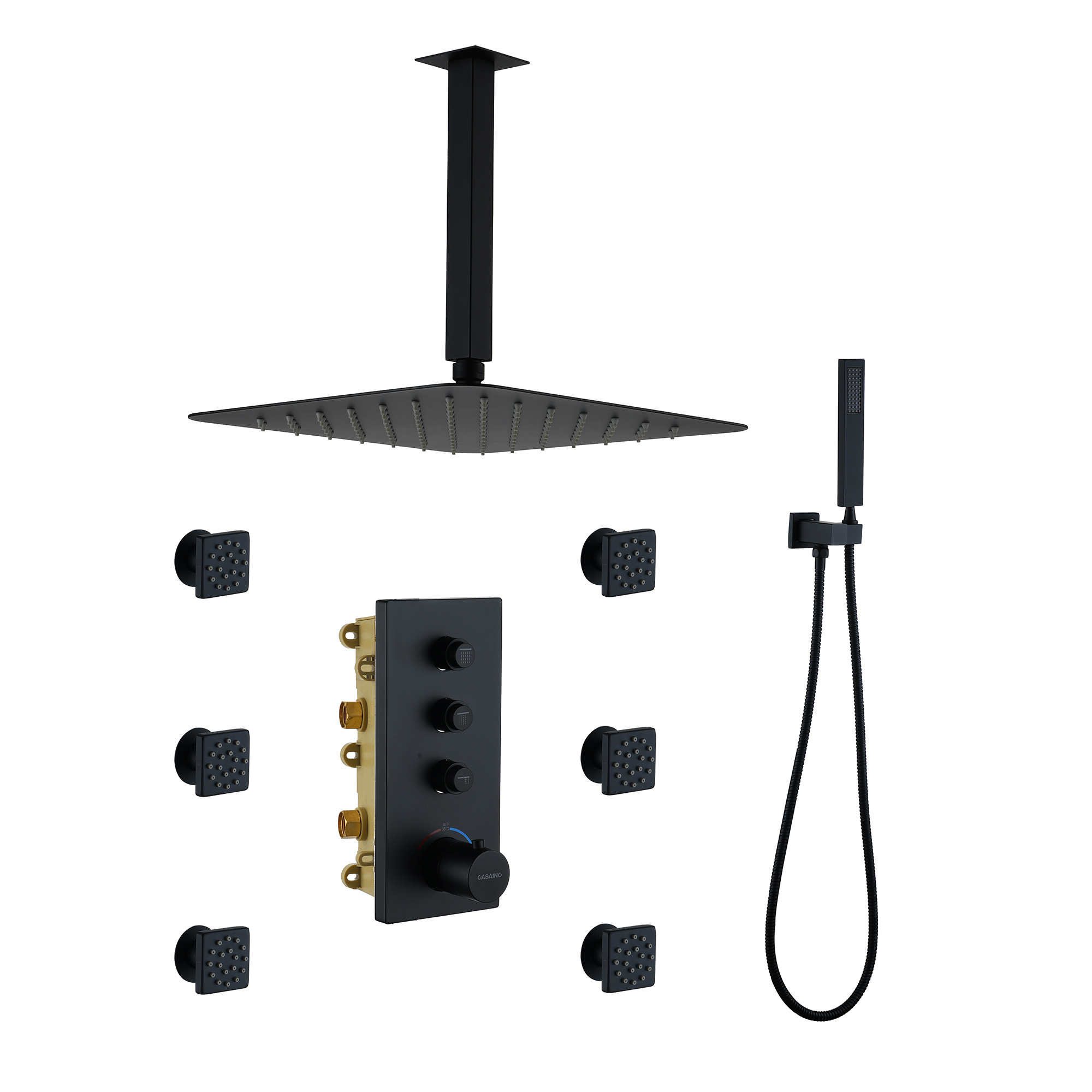 3 Functions 12 Inch Ceiling Mounted Thermostatic Shower System in Matte Black