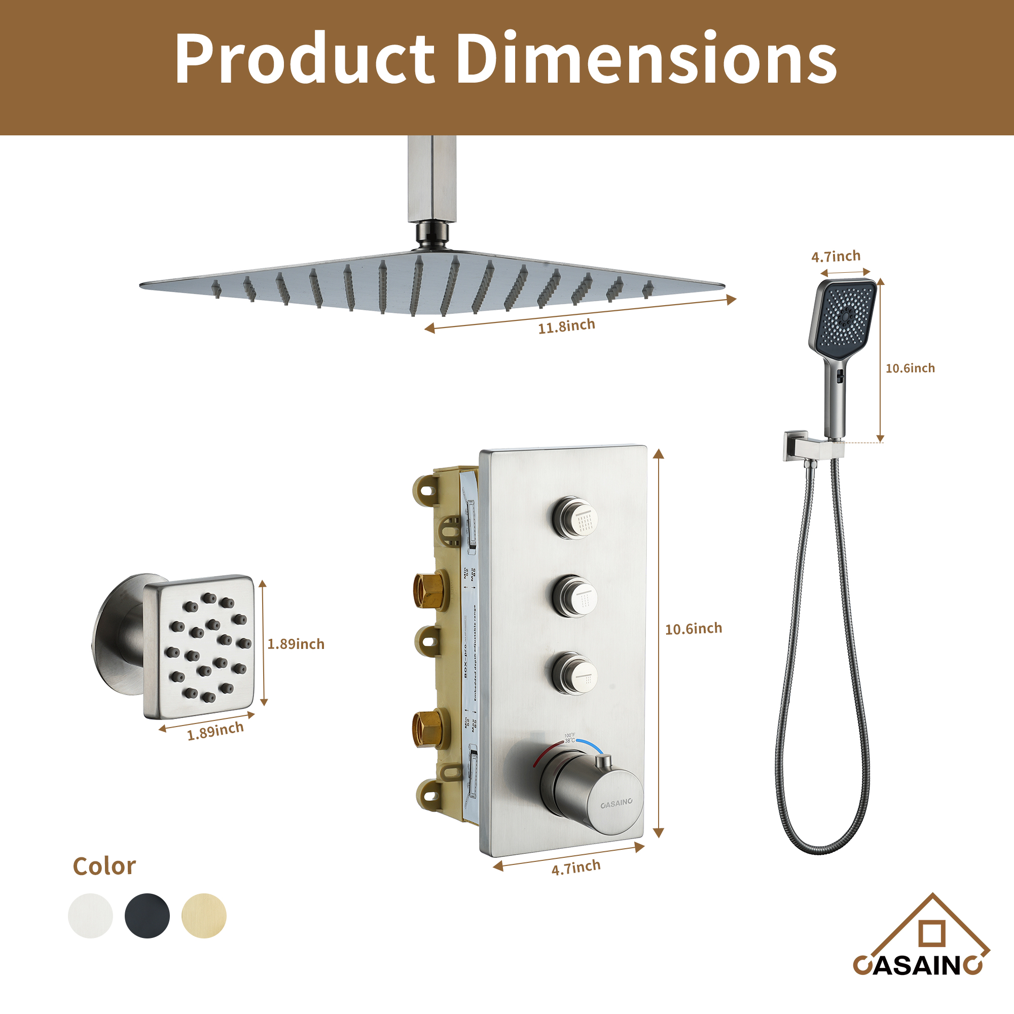 12'' Shower System With 3-Function Shower Head & 6 Body Jets