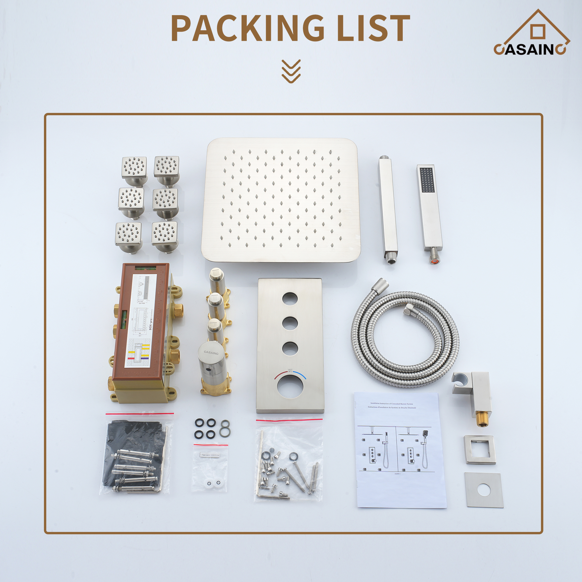 12'' Thermostatic Luxury Rainfall Shower System With 6 Body Jets