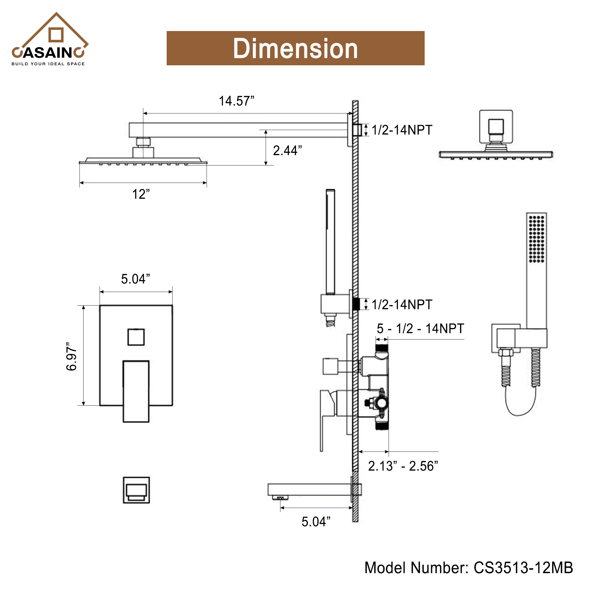 CASAINC 12 inch Wall Mounted Shower System with Bathtub Faucet and Hand Shower