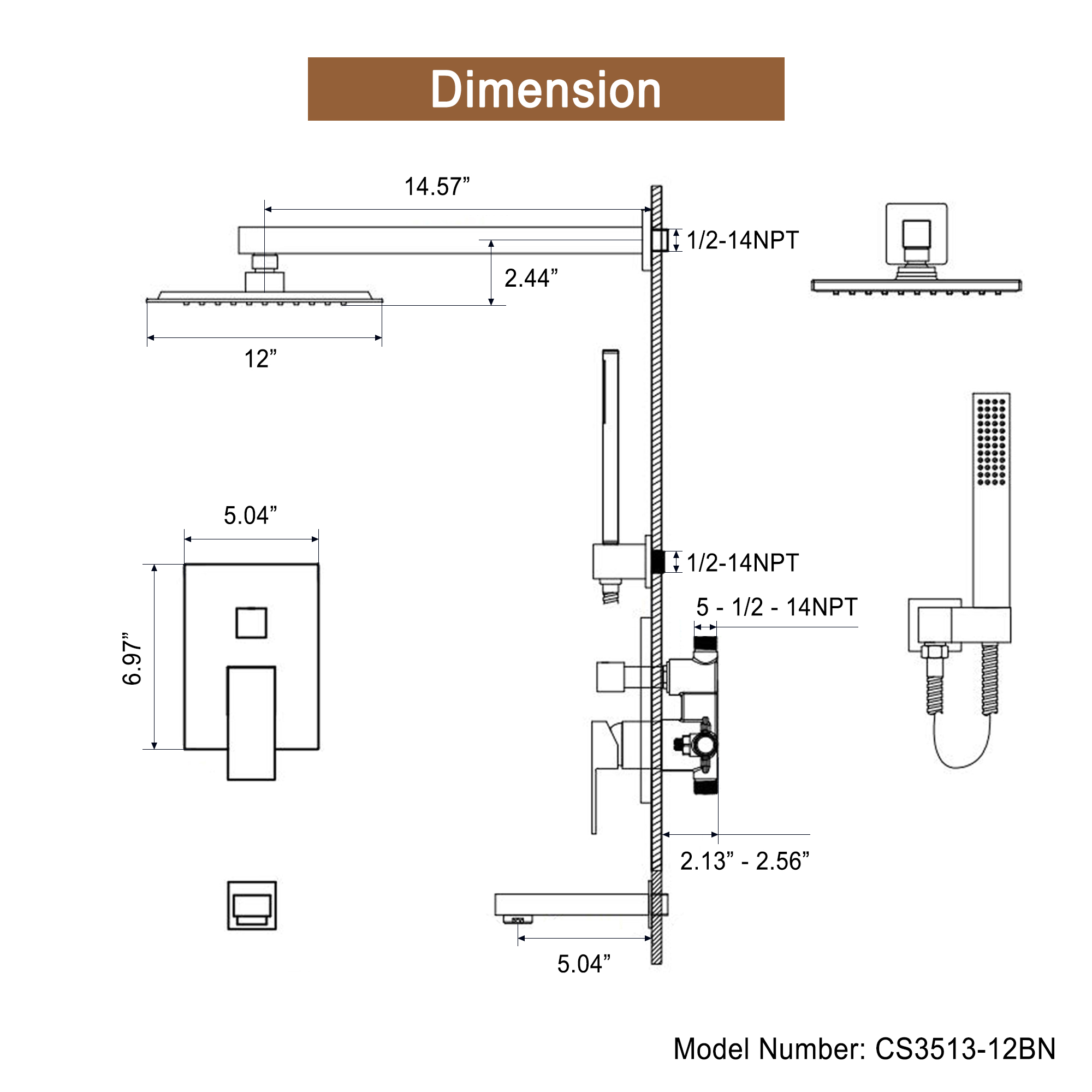 CASAINC 12 inch Wall Mounted Shower System with Bathtub Faucet and Hand Shower