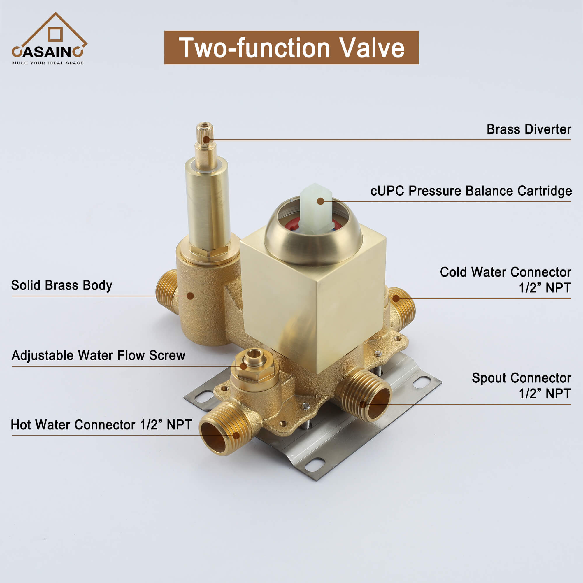 Casainc 2-Function Wall-Mounted/Ceiling-Mounted Shower System with Handheld Shower in Brushed Gold