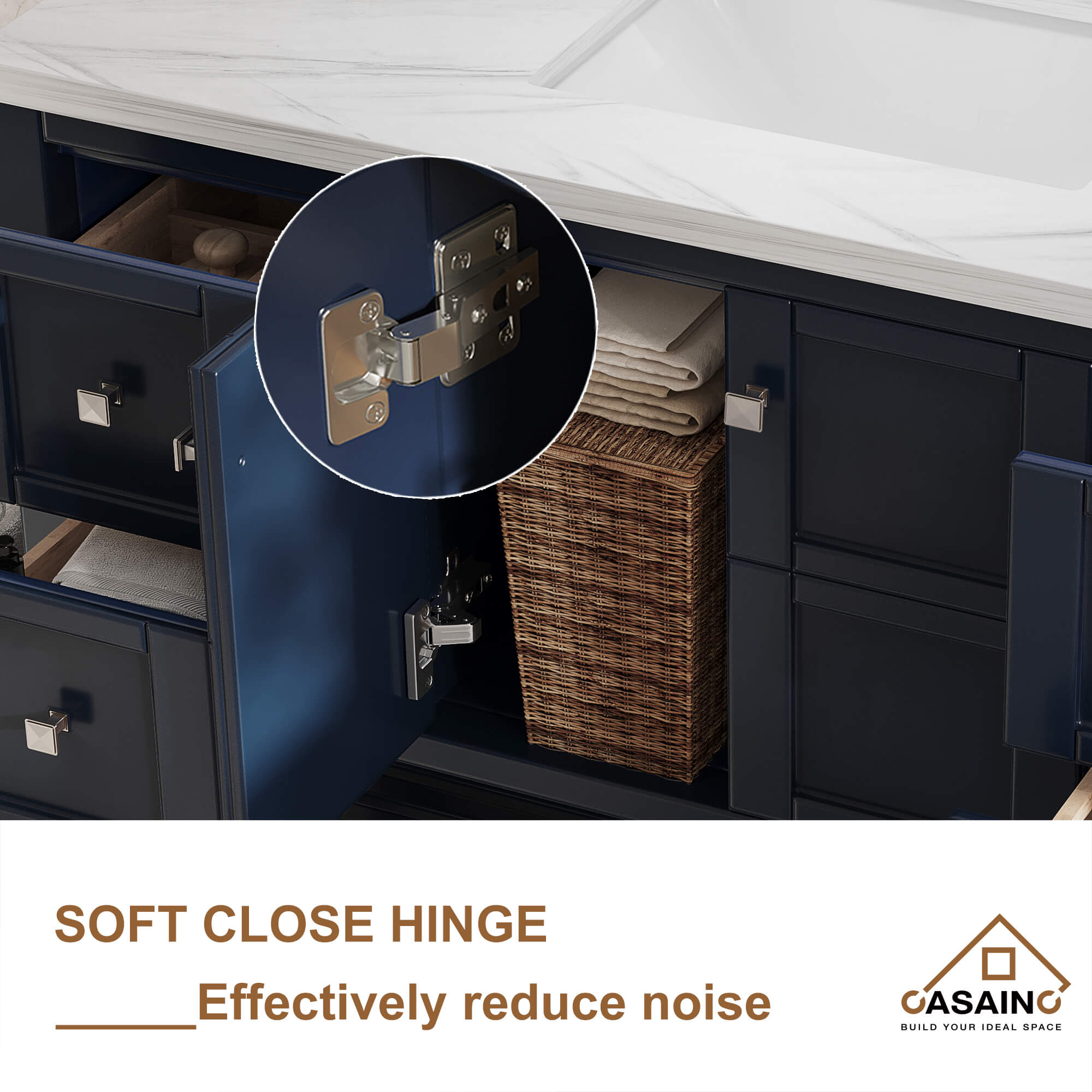 CASAINC 48 x 22 x 35.4 in. Solid Wood Navy Blue Bath Vanity with Carrara White Marble Countertop (No/With Mirror)