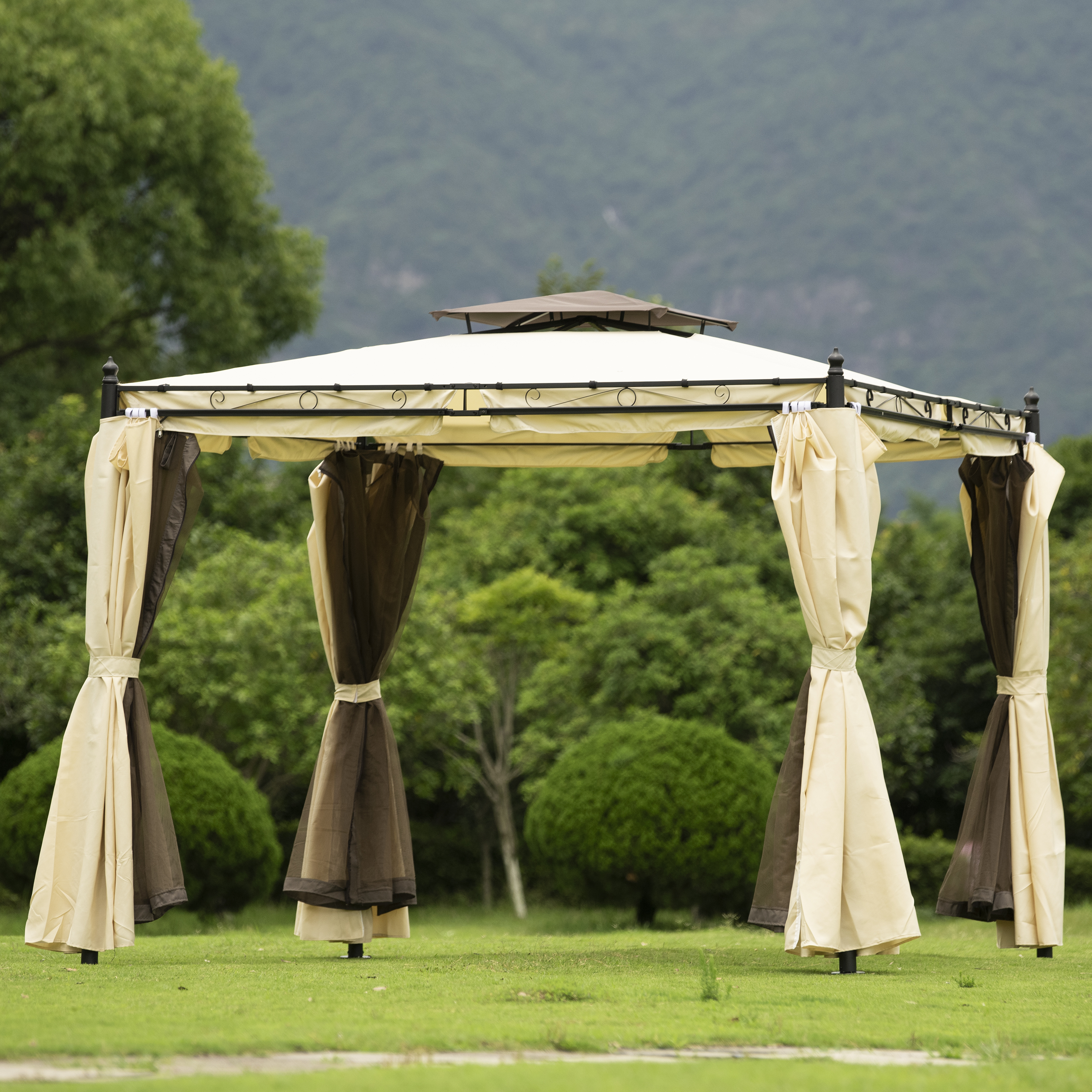  9.3ft.Lx9.3ft. W Outdoor Patio Gazebo with Mosquito nets and Polyester Curtains, Double Roofs for Decks, Poolsides, Gardens, Beige-CASAINC