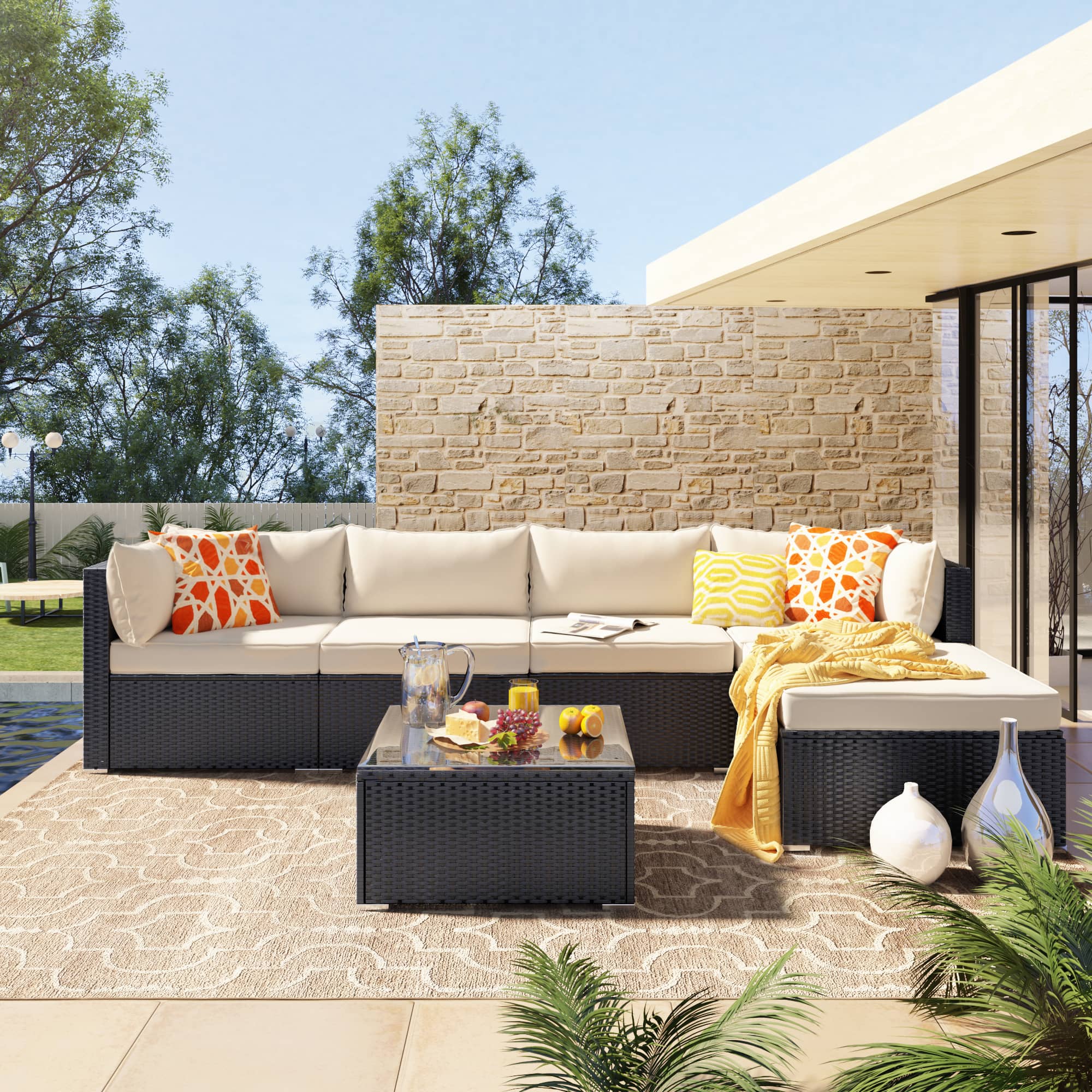 Casainc 6-Piece Patio PE Rattan Wicker Furniture Corner Sofa Set With Thick Removable Cushions And Sectional Sofa Chair