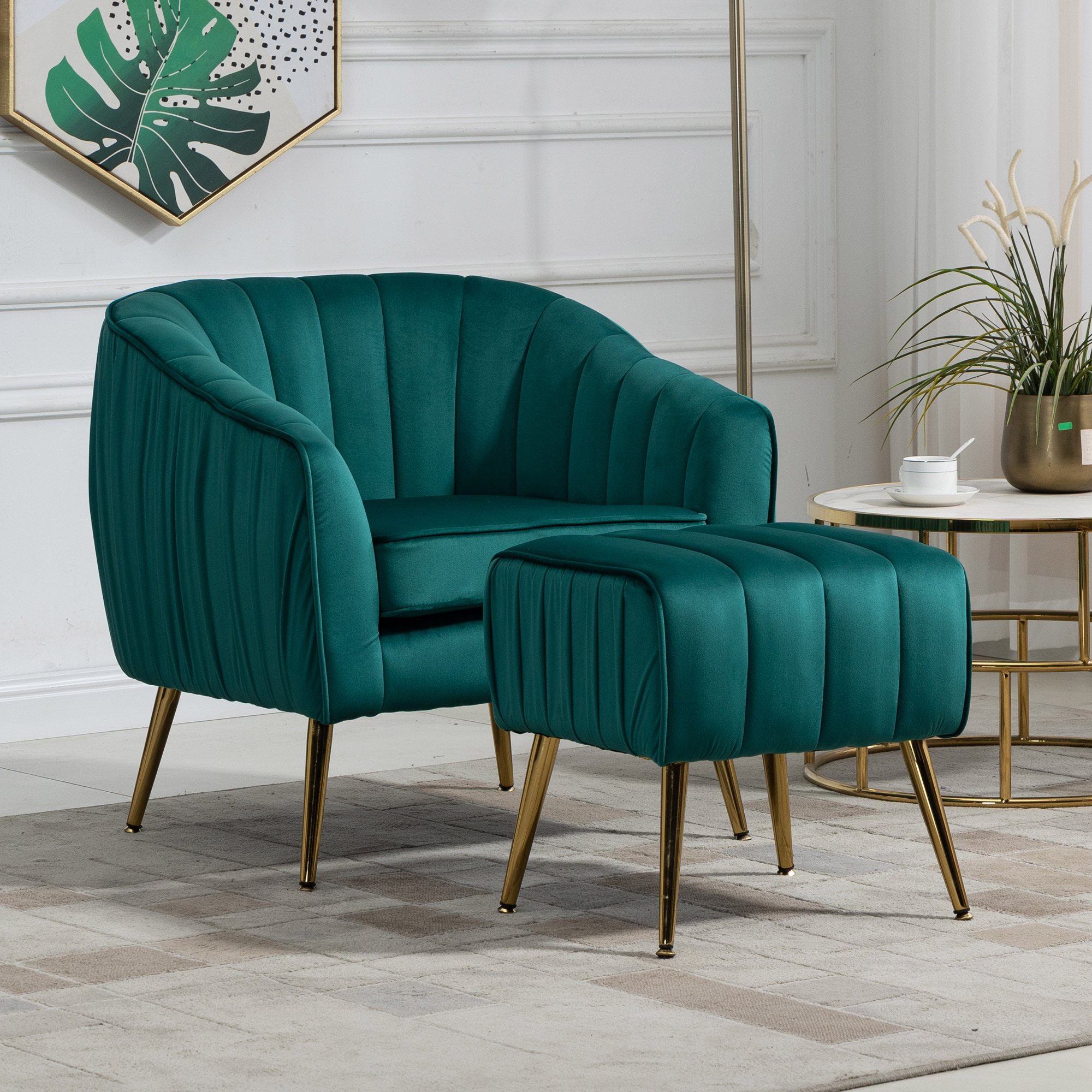 Velvet Accent Chair with Ottoman, Modern Tufted Barrel Chair Ottoman Set for Living Room Bedroom, Golden Finished, Christmas Green-CASAINC