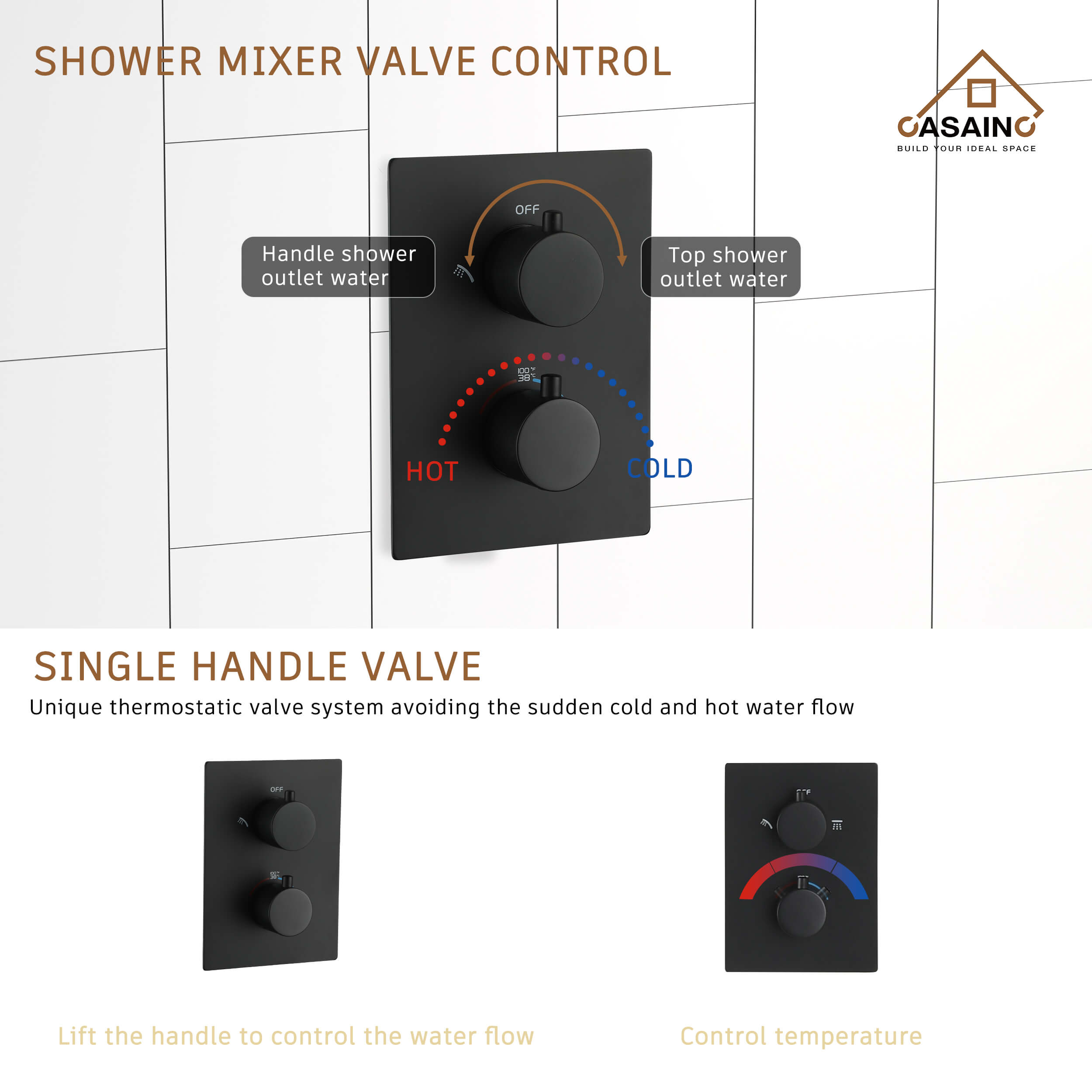 CASAINC Matte Black Wall Mounted Bathroom Shower Faucet Set