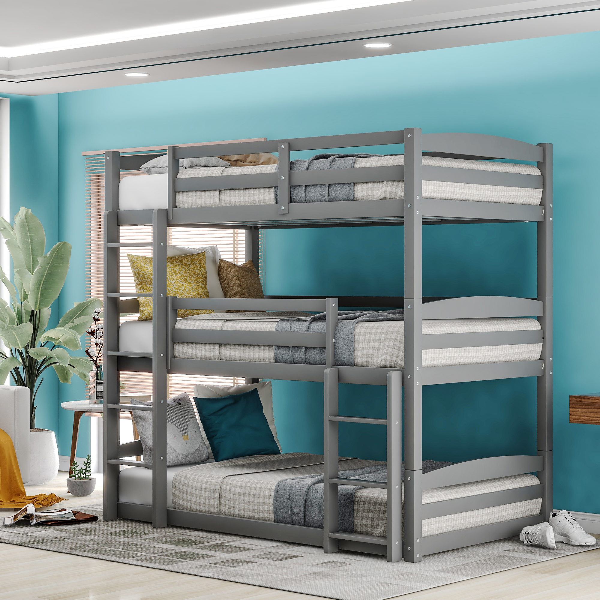 Twin over Twin over Twin Bed Triple，Gray-CASAINC