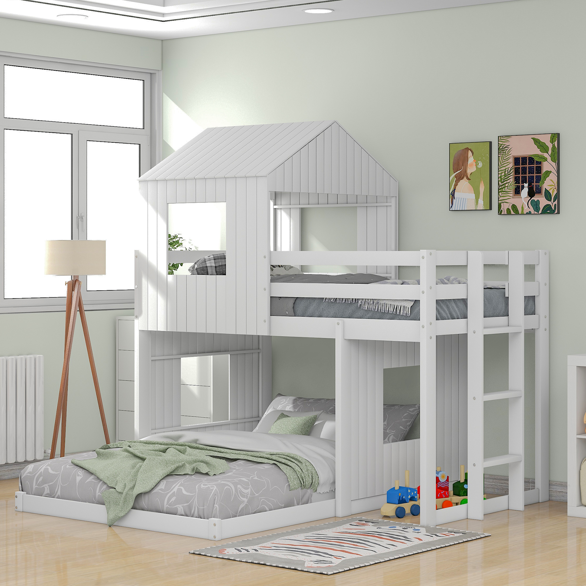 Wooden Twin Over Full Bunk Bed, Loft Bed with Playhouse, Farmhouse, Ladder and Guardrails, White( old sku: LP000027AAK )-CASAINC