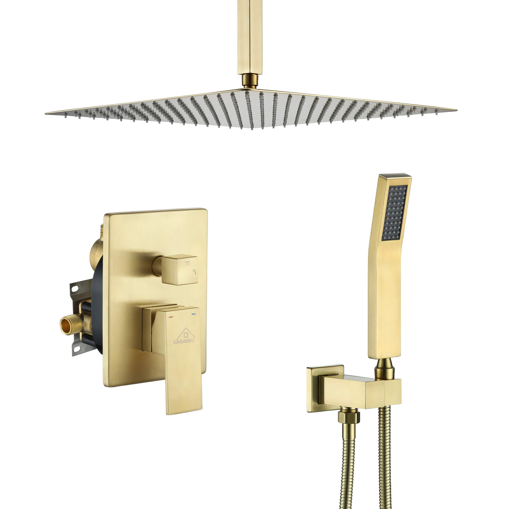 Casainc 2-Function Wall-Mounted/Ceiling-Mounted Shower System with Handheld Shower in Brushed Gold