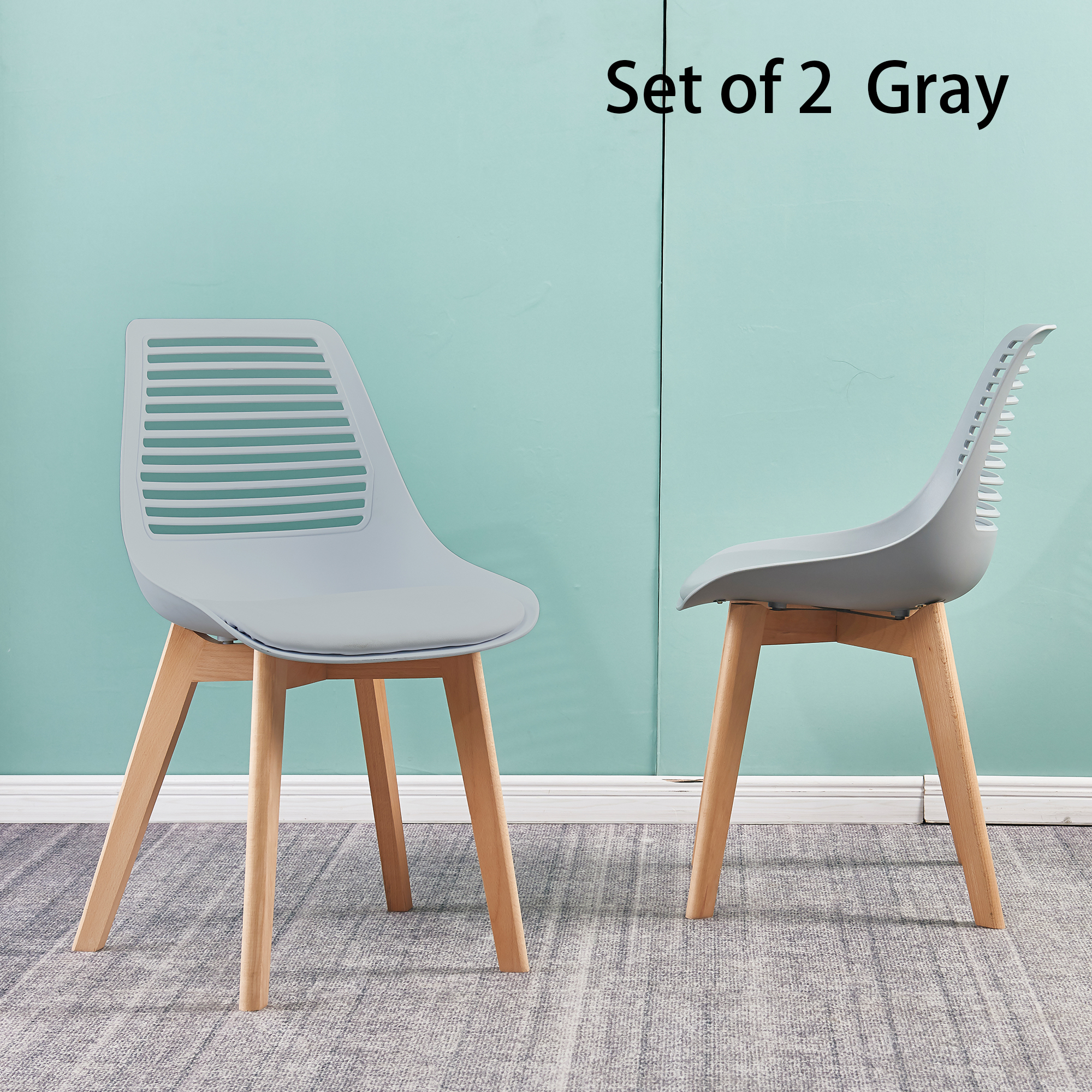 Plastic chair for living room, dining chair with wood leg（set of 2 Gray color）-CASAINC
