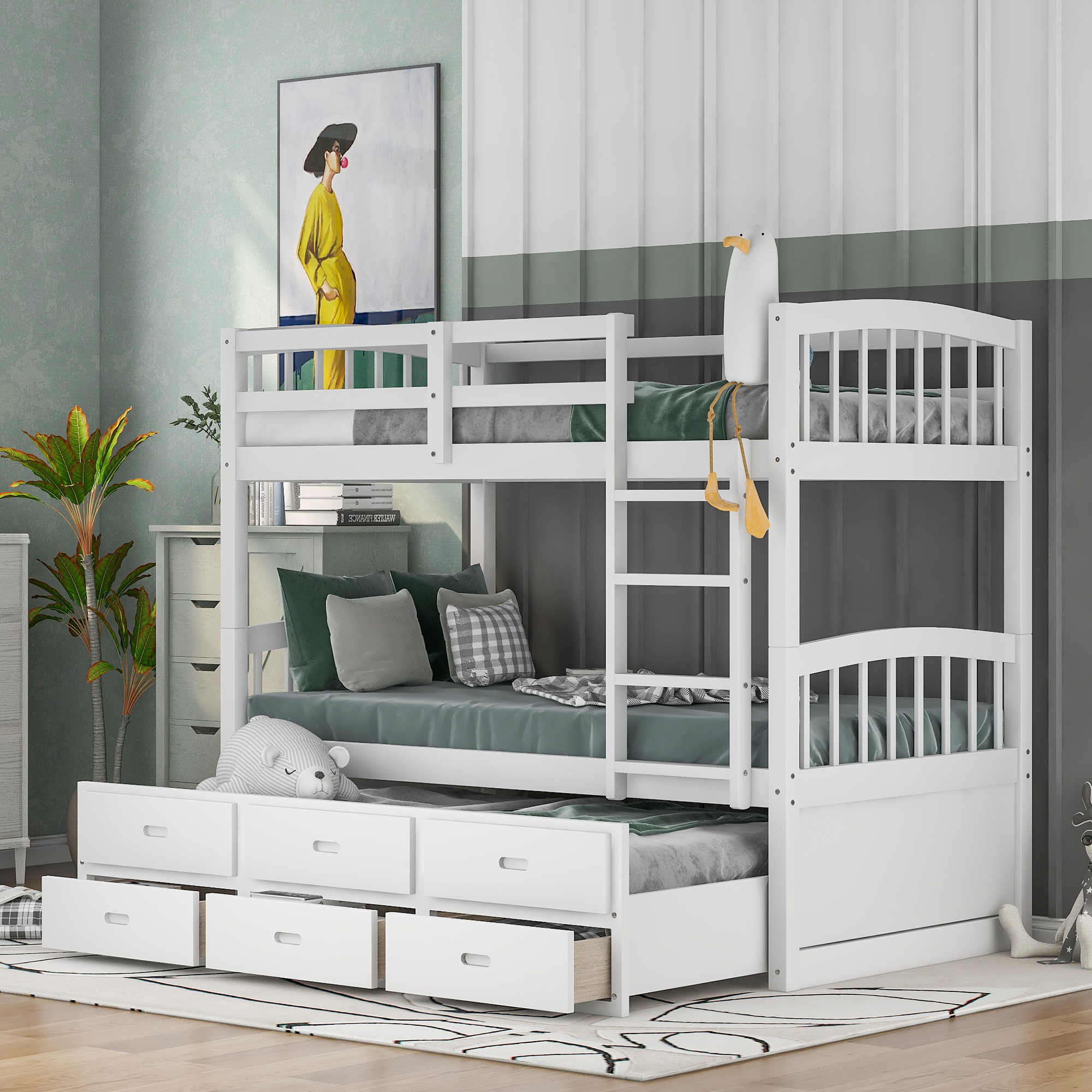 Twin over Twin Wood Bunk Bed with Trundle and Drawers,White-CASAINC