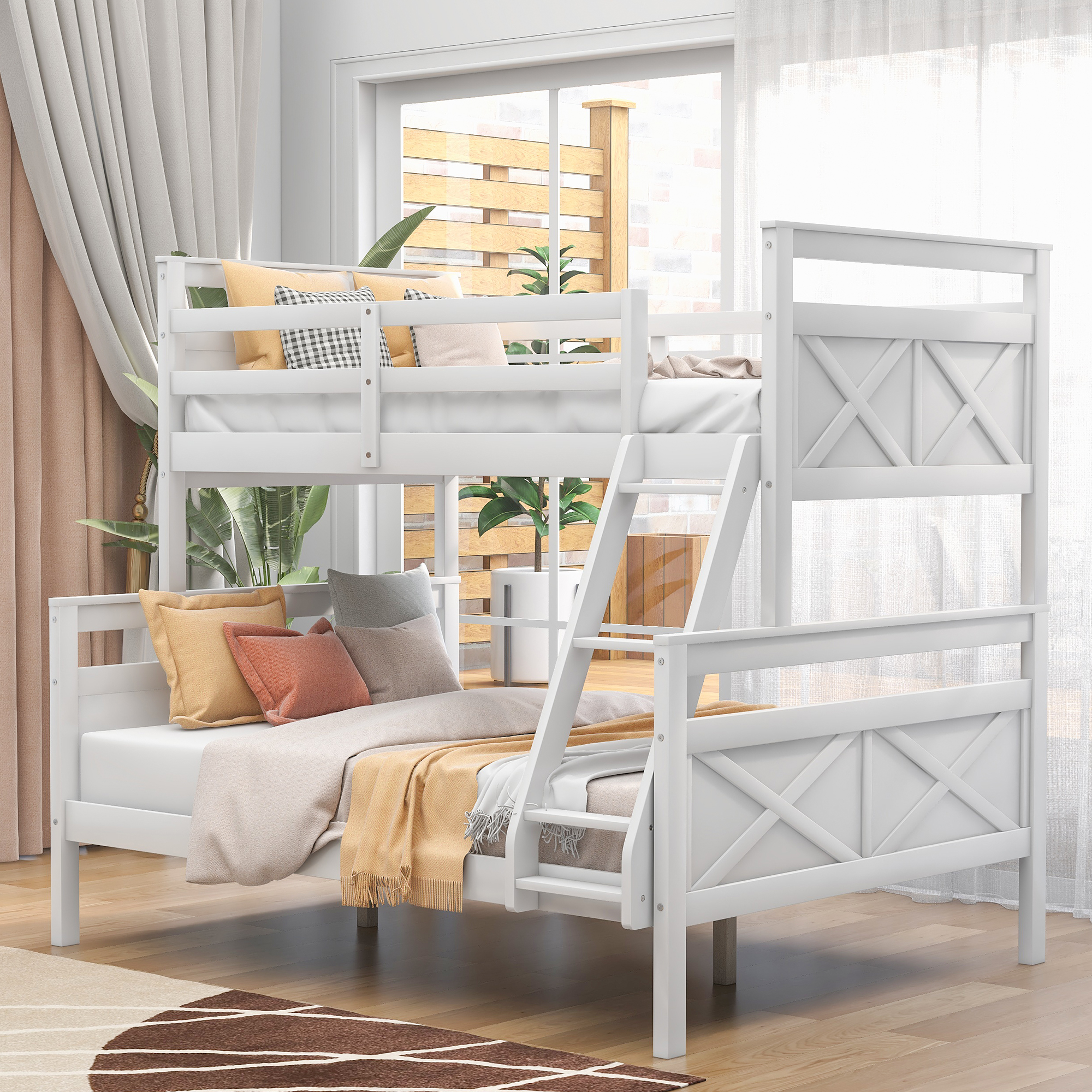 Twin over Full Bunk Bed with ladder, Safety Guardrail, Perfect for Bedroom, White-CASAINC