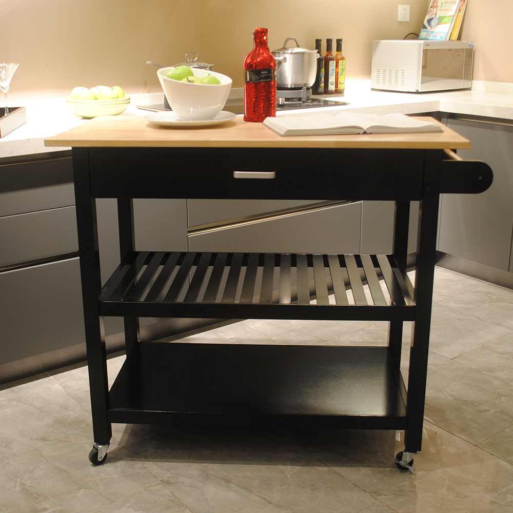 Kitchen Island  Kitchen Cart, Mobile Kitchen Island with Two Lockable Wheels, Rubber Wood Top, Black Color Design Makes It Perspective Impact During Party.-CASAINC