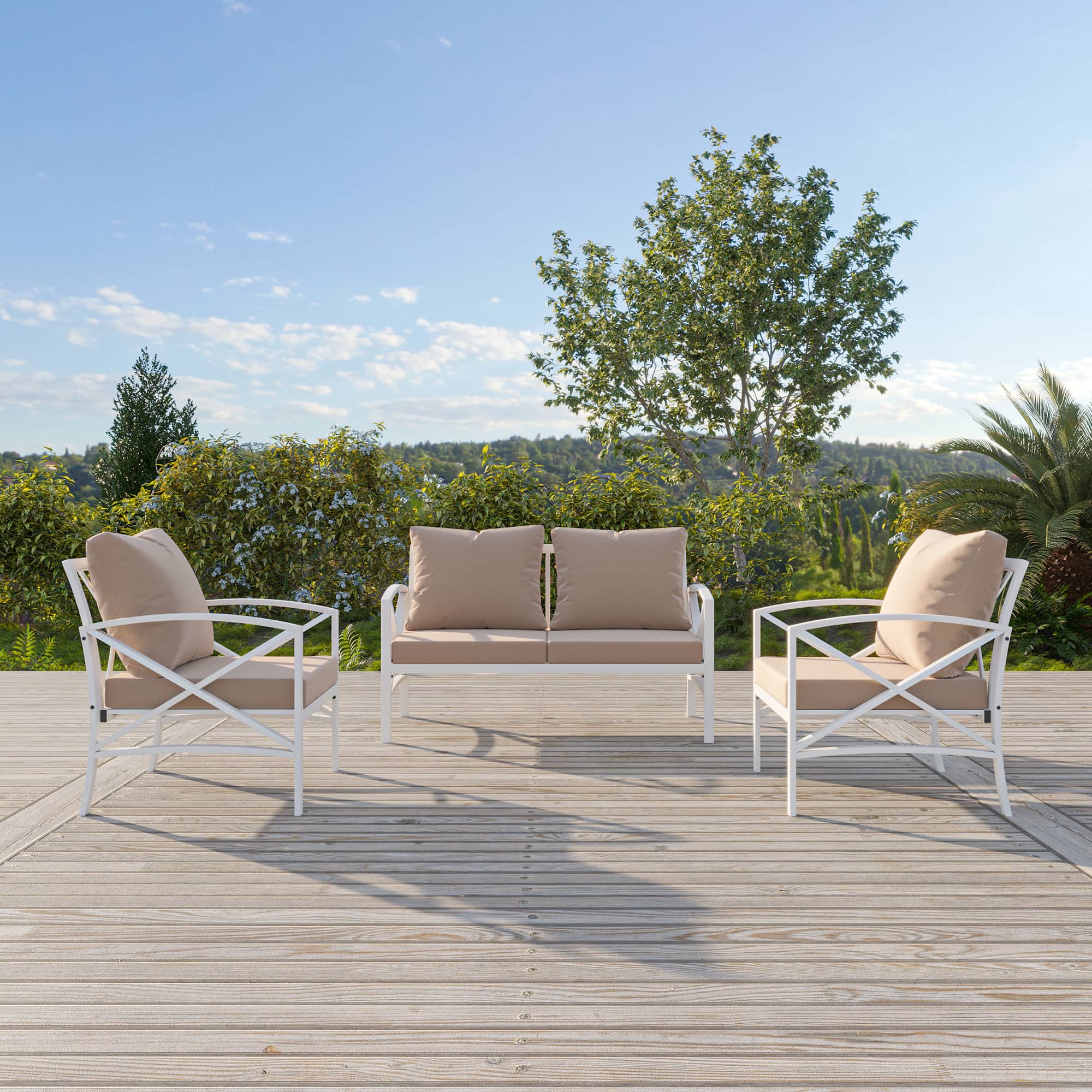 CASAINC 3 Piece Outdoor Patio Furniture White Metal Arm Sofa Set With Beige Cushions